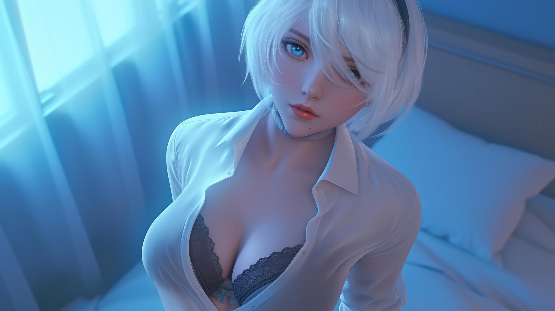 2B from Nier wearing a white office shirt, looking up with blindfolded eyes in neon-lit hotel room
