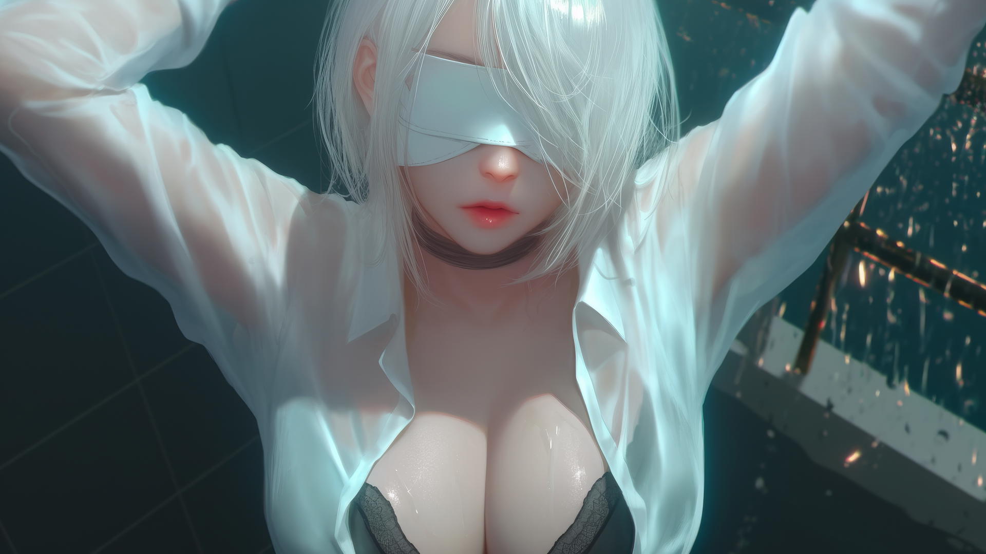 2B from Nier in white office shirt, looking up, in neon-lit modern hotel room.