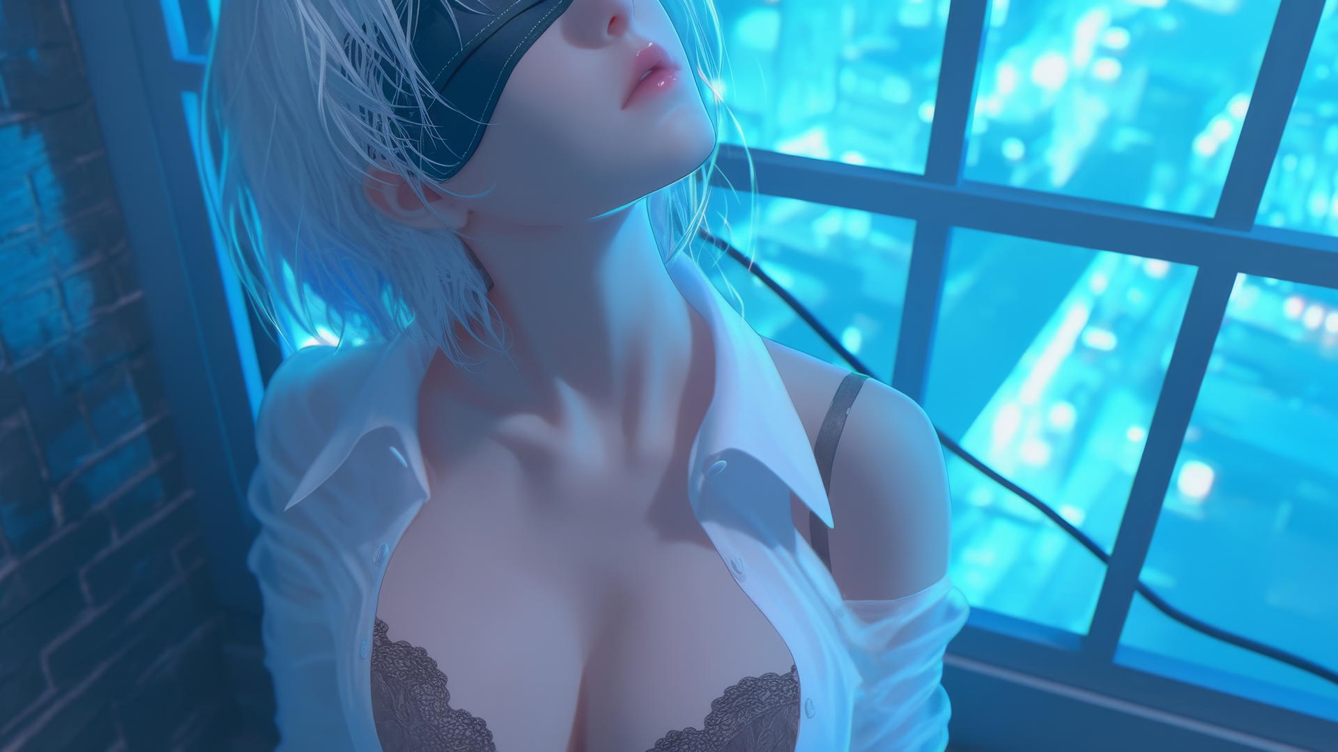 2B from Nier seen from above, wearing white office shirt and black blindfold, in neon-lit hotel room.