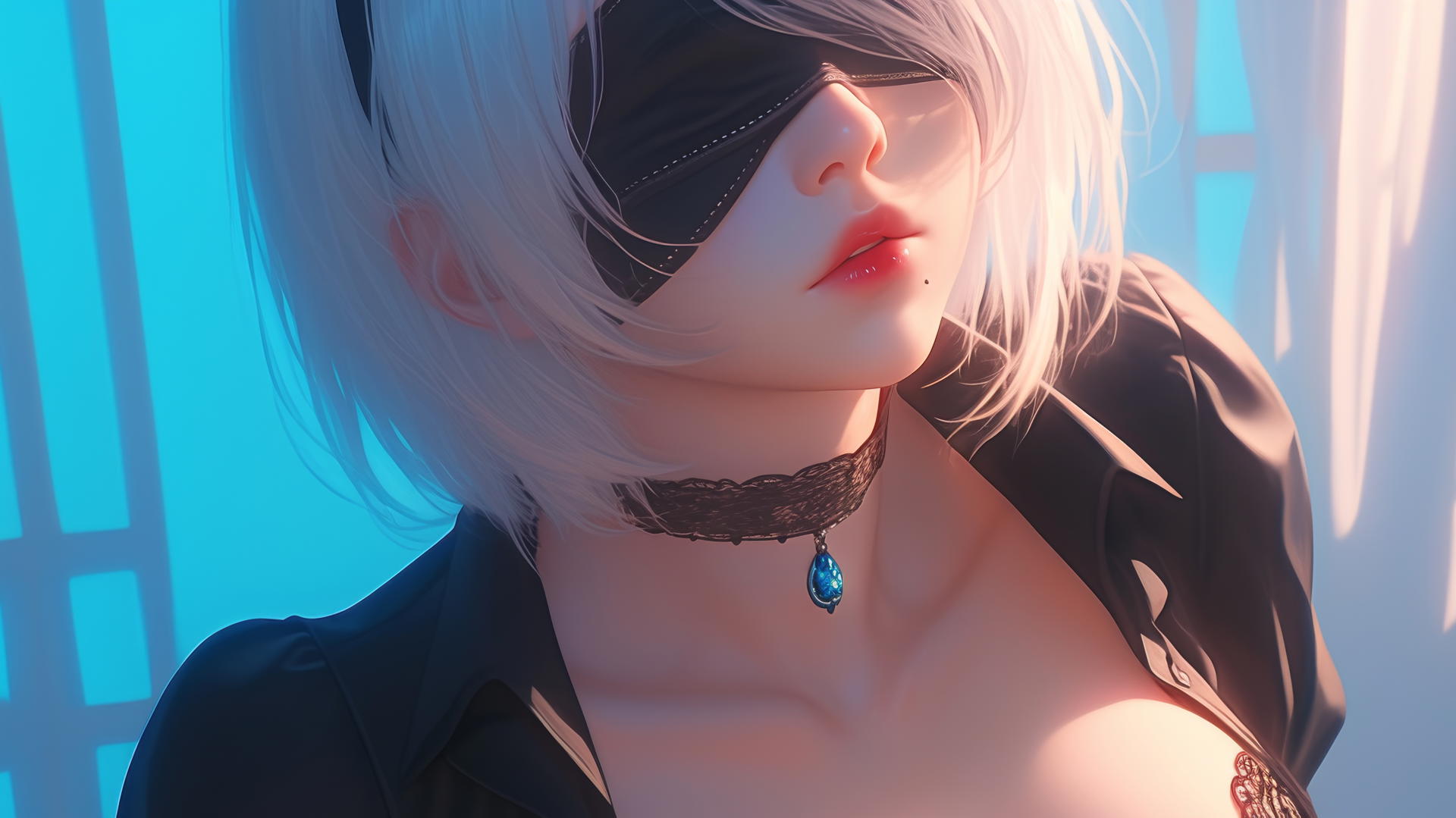 2B from Nier wearing white office shirt looking up, black blindfold, neon-lit hotel room