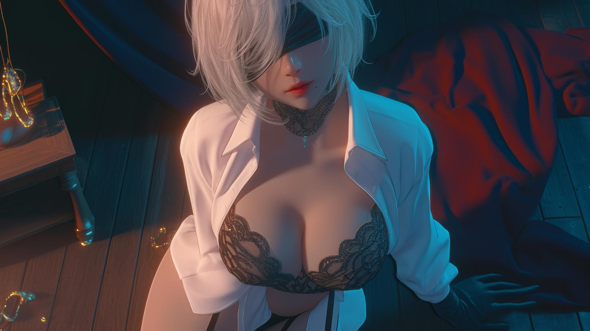 2B from Nier looking up, wearing white shirt and black blindfold, neon-lit hotel room