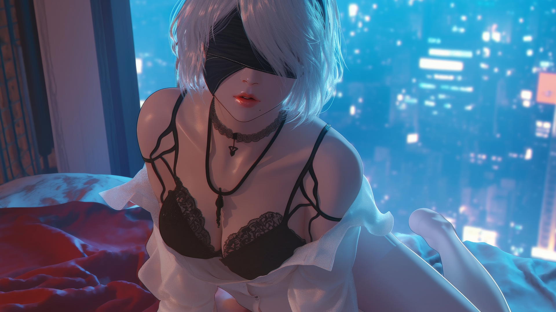 2B from Nier kneeling in a modern hotel room, looking up, mouth open, wearing a white office shirt and black blindfold