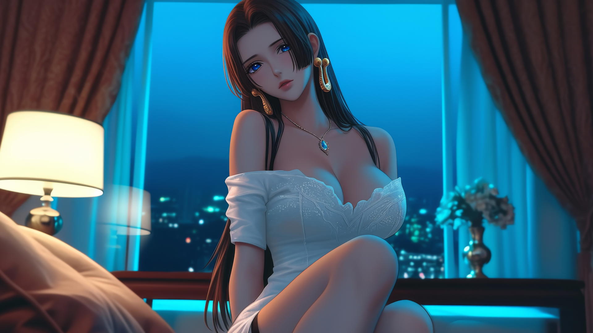 Boa Hancock kneeling and looking straight down in a modern hotel room with neon lighting.