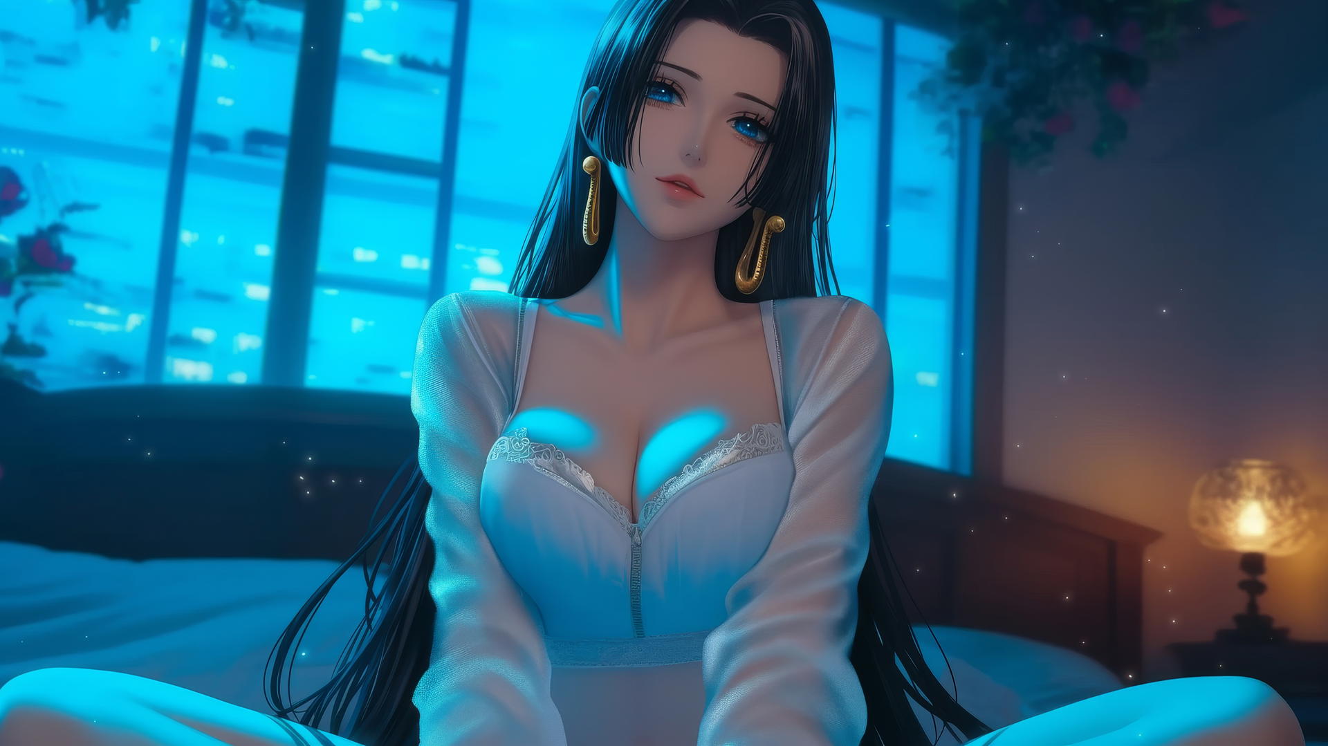 Boa Hancock from One Piece kneeling, looking down, under modern hotel neon light.