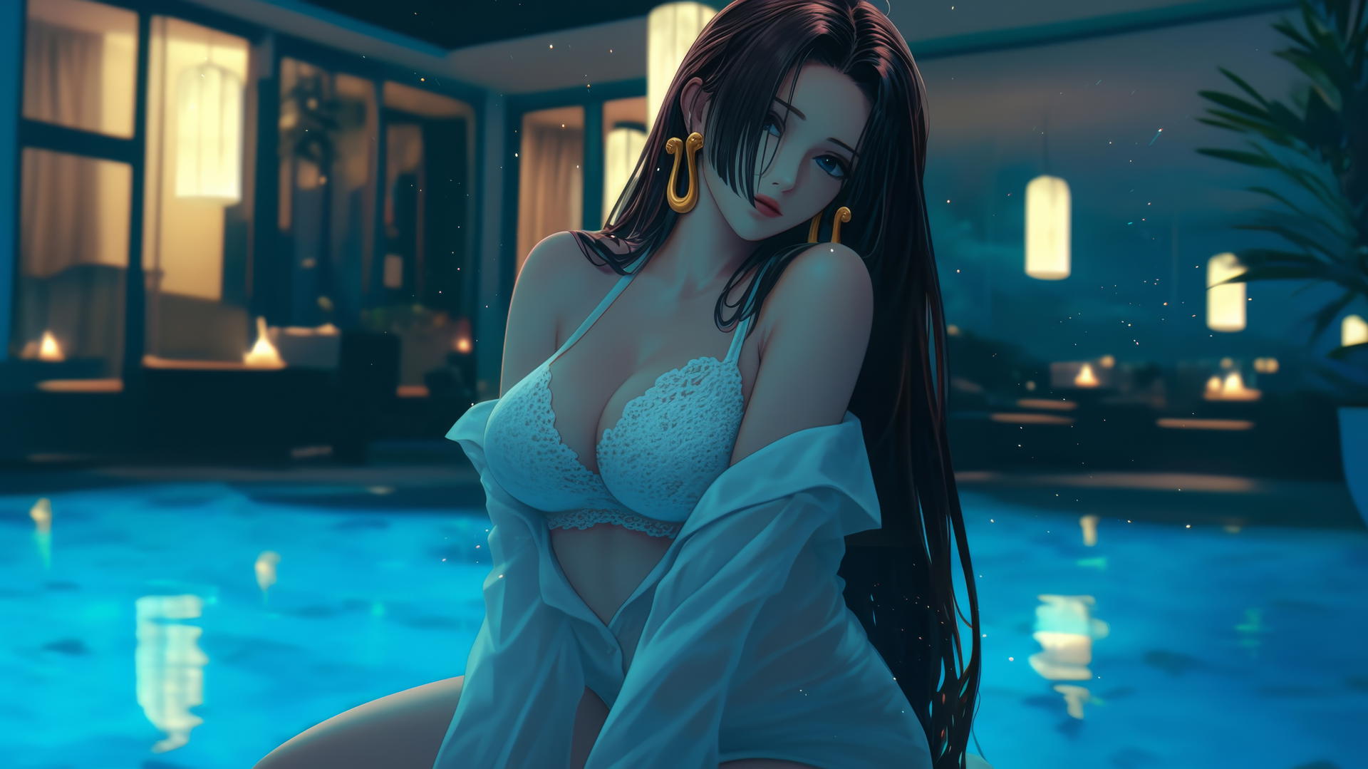 Boa Hancock kneels with a neon-lit hotel ceiling backdrop