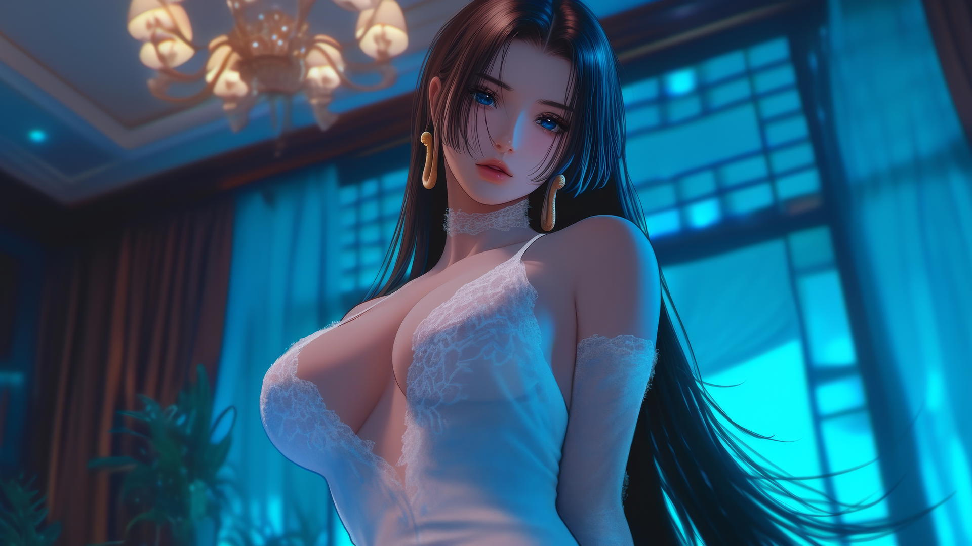 Boa Hancock from One Piece kneeling and looking down, with a hotel ceiling and neon light background.
