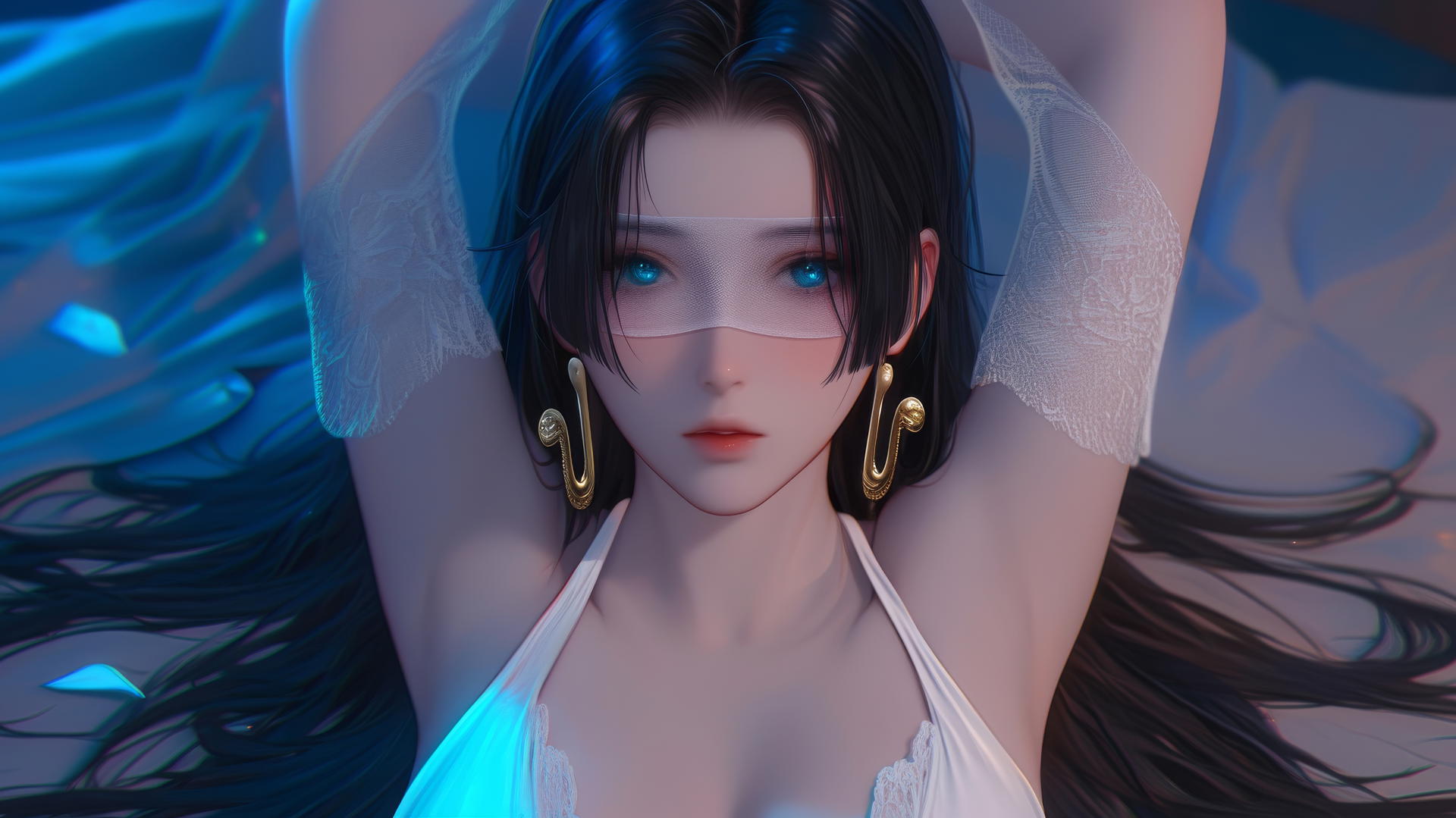 Boa Hancock kneeling with blindfold, neon light casting soft glow.