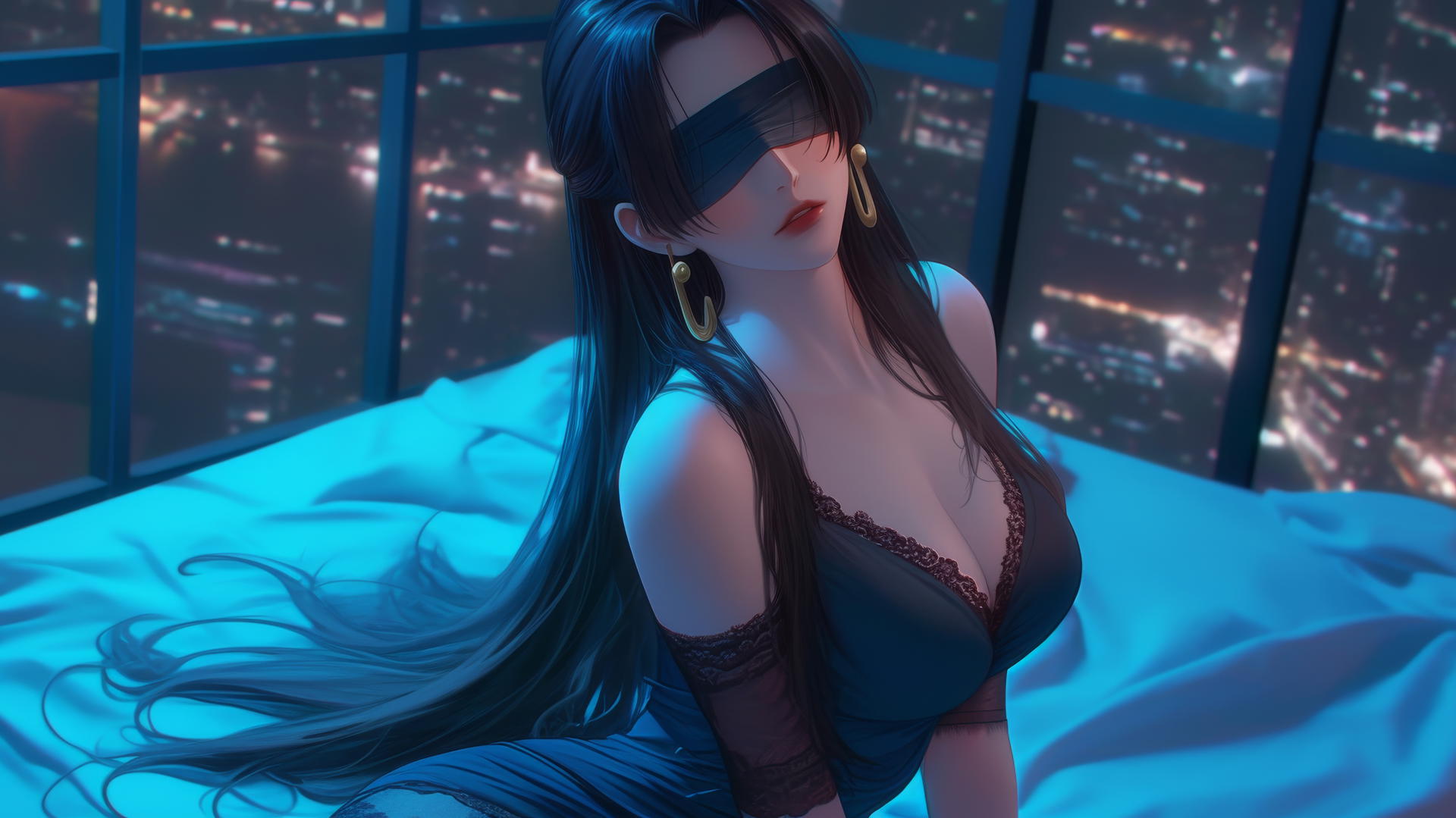 Boa Hancock kneeling, blindfolded, with neon light in modern hotel room