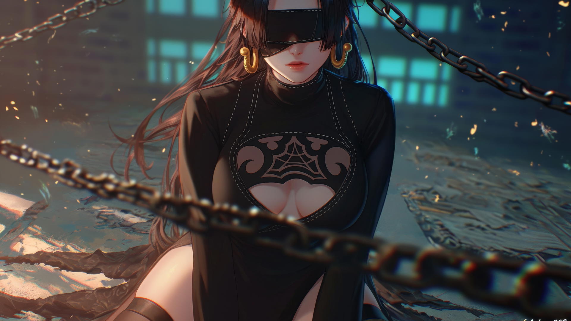 Boa Hancock kneeling, blindfolded with chains in a neon-lit hotel room