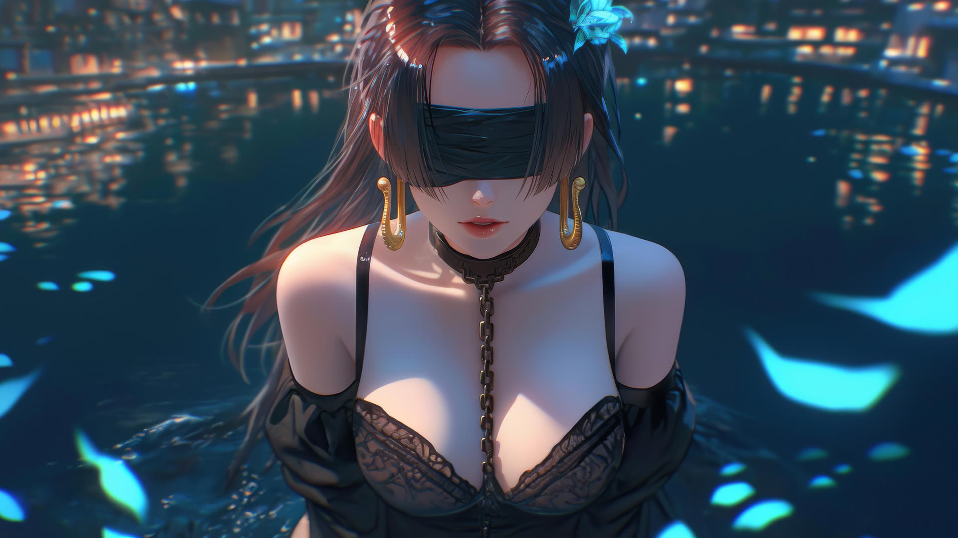 Boa Hancock kneeling, blindfolded under neon light in modern hotel room.