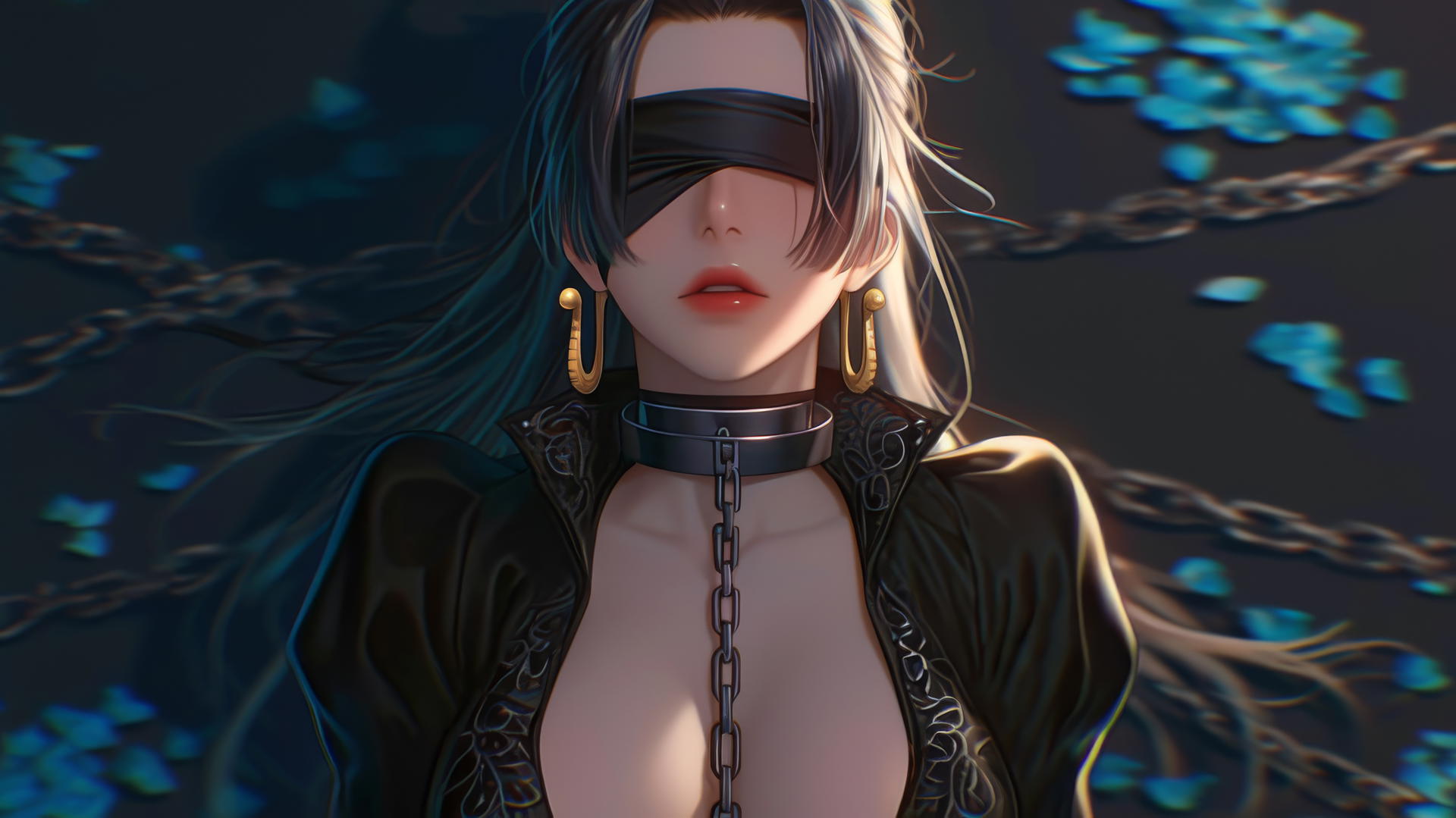 Boa Hancock blindfolded, kneeling, with neon hotel light glow