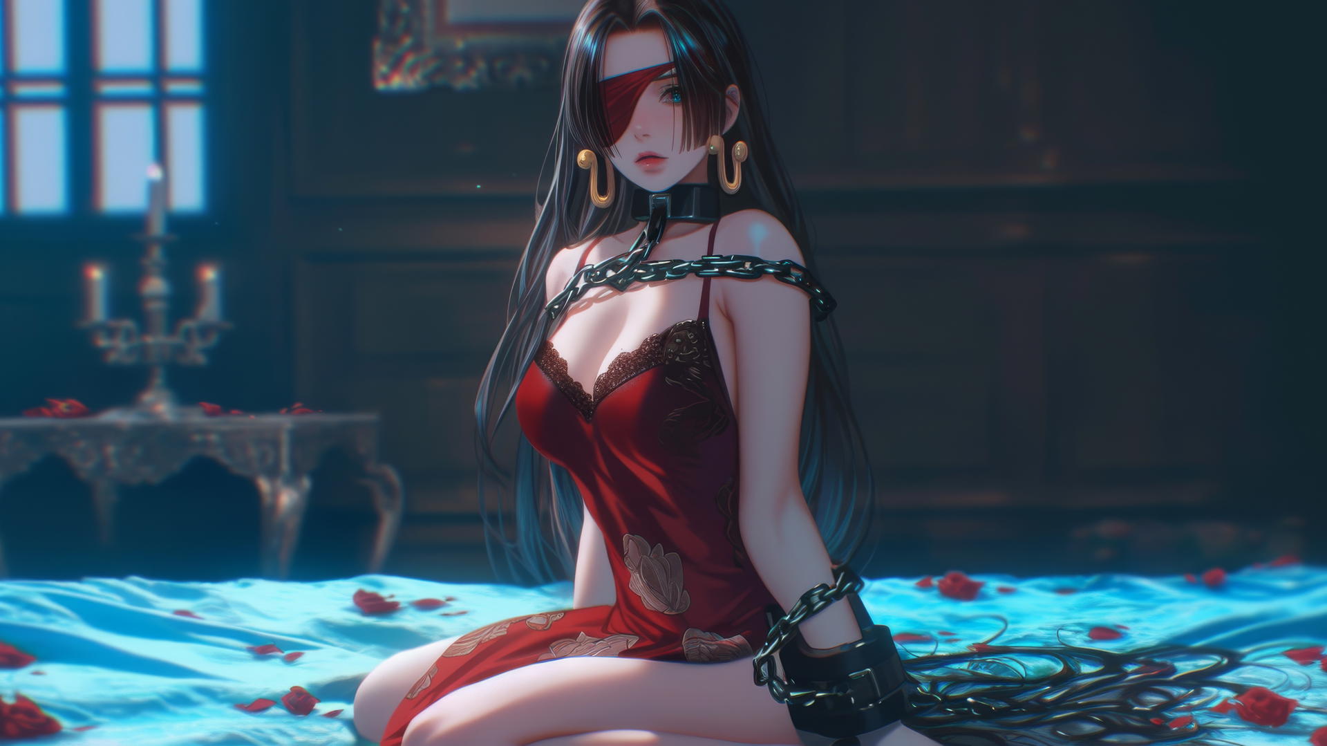 Boa Hancock kneeling in a modern hotel room, blindfolded with red fabric, illuminated by neon lights.