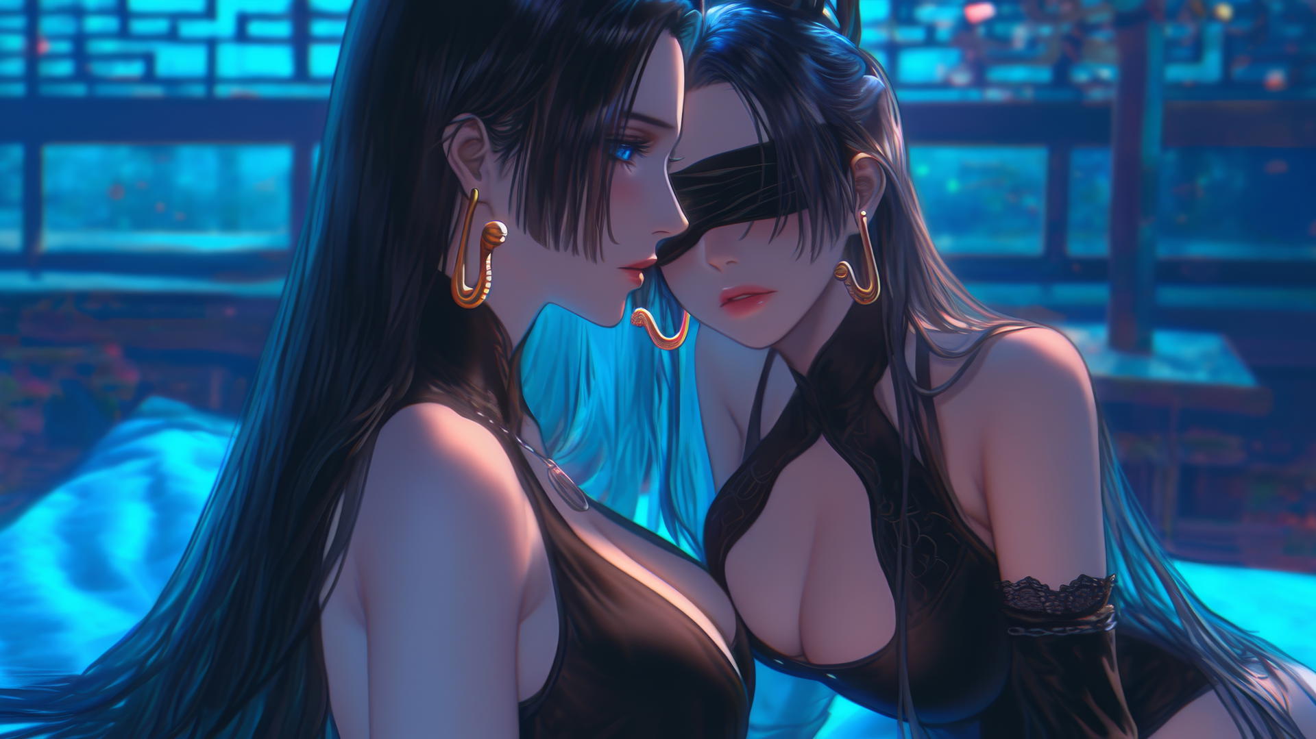 Boa Hancock kneeling with a blindfold, in a neon-lit hotel room