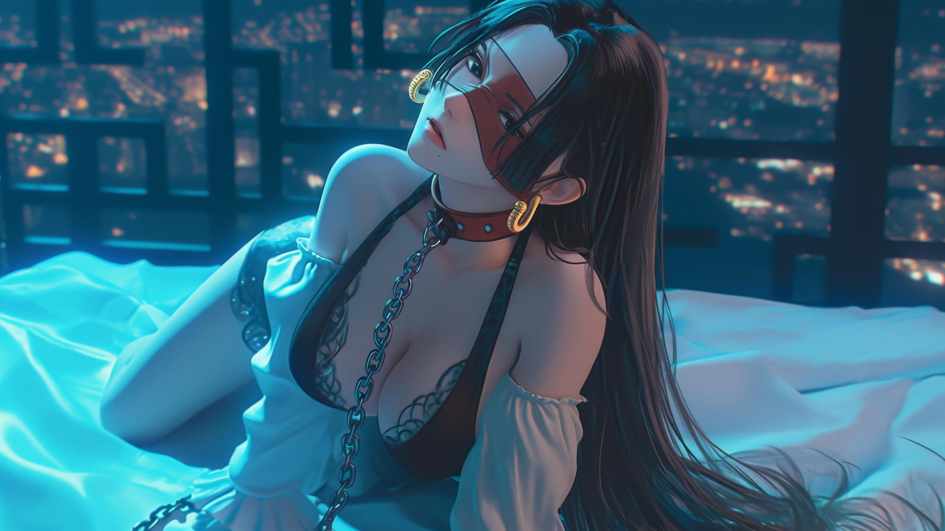 Boa Hancock, blindfolded, in a neon-lit hotel room