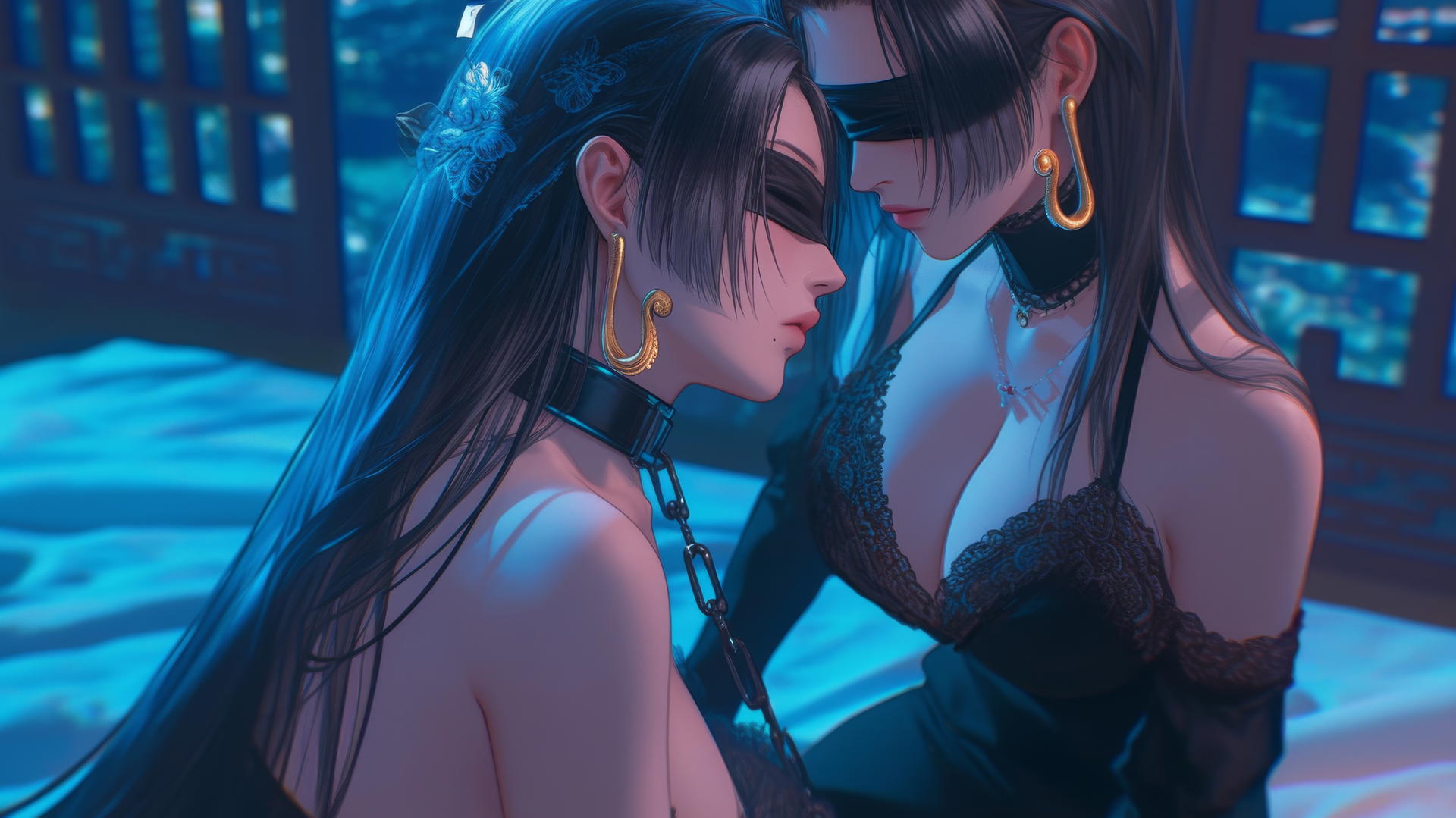 Boa Hancock kneeling, blindfolded with chains, in neon-lit modern hotel room.