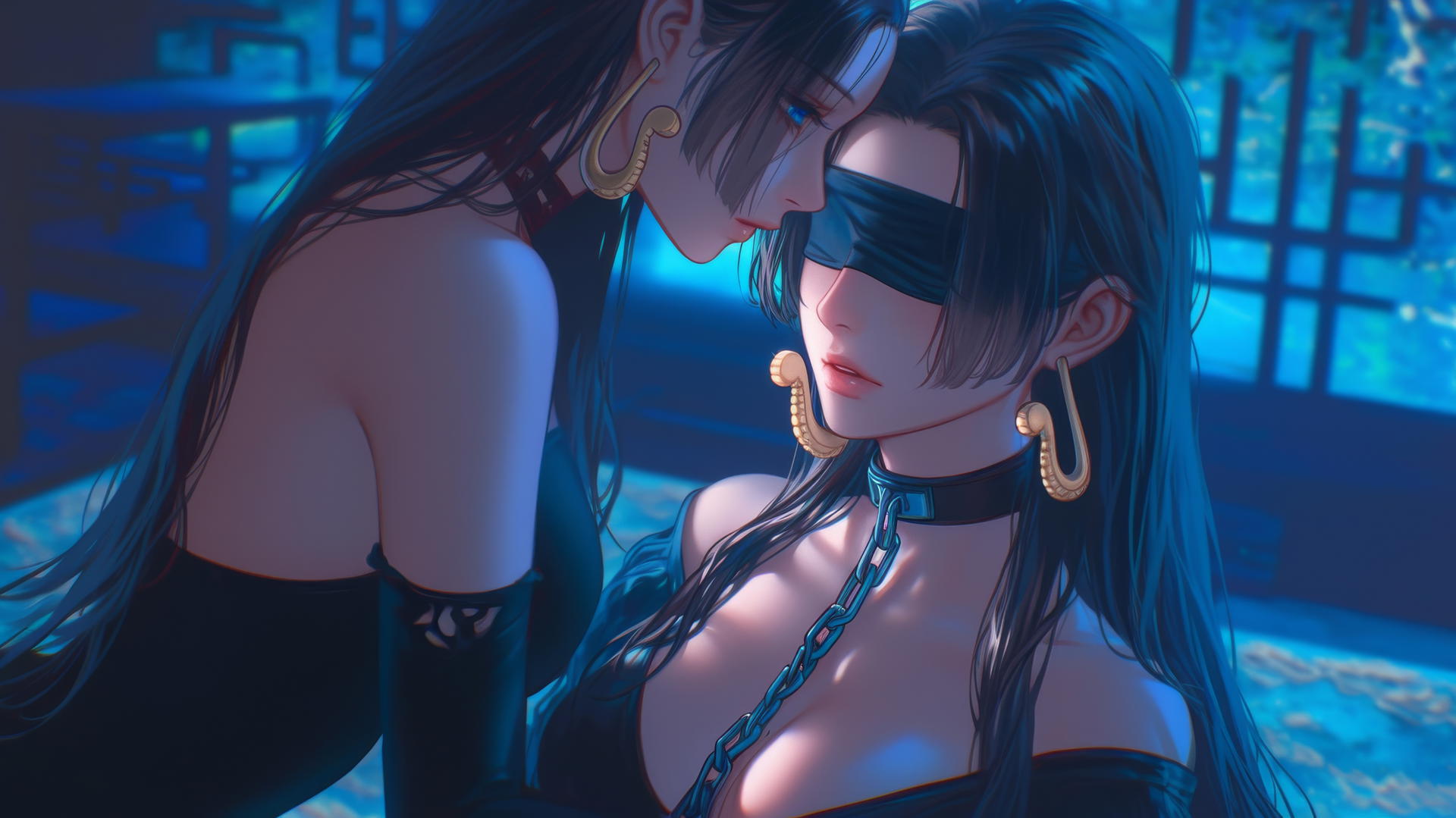 Boa Hancock from One Piece kneels on hotel bed, blindfolded with chains.