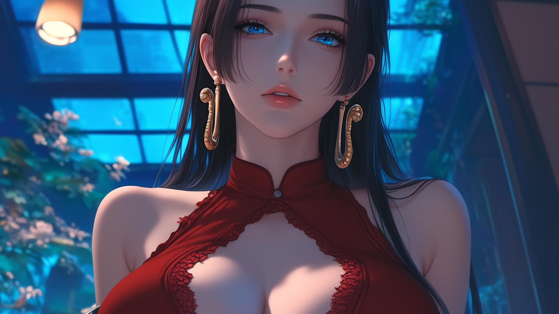 Boa Hancock from One Piece looking down with neon-lit hotel ceiling background