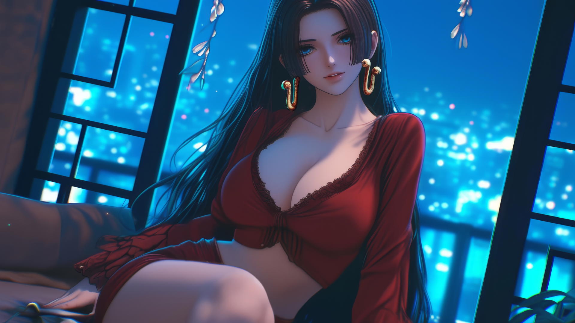 Boa Hancock from One Piece kneeling, looking down, with ceiling and neon lights background