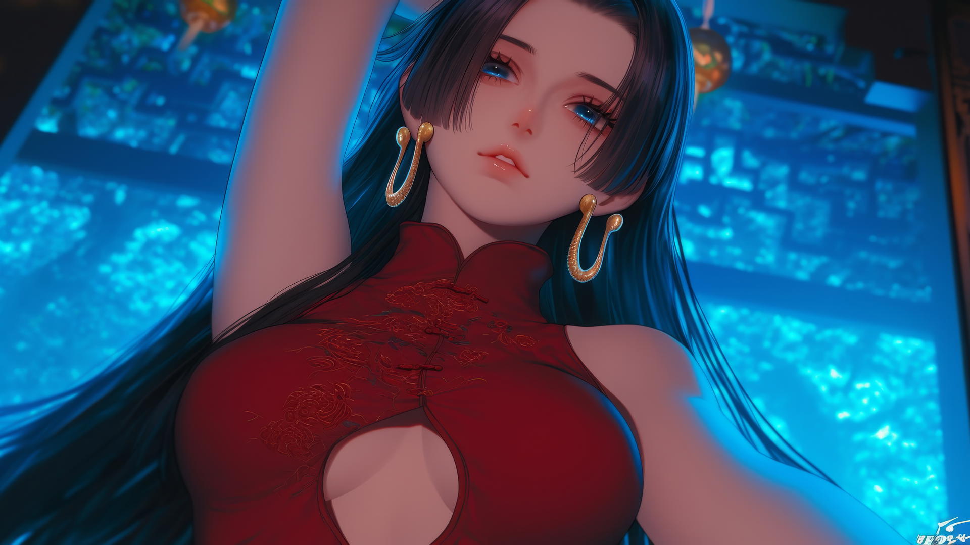 Beautiful Boa Hancock from One Piece kneeling under a softly glowing ceiling, looking down.