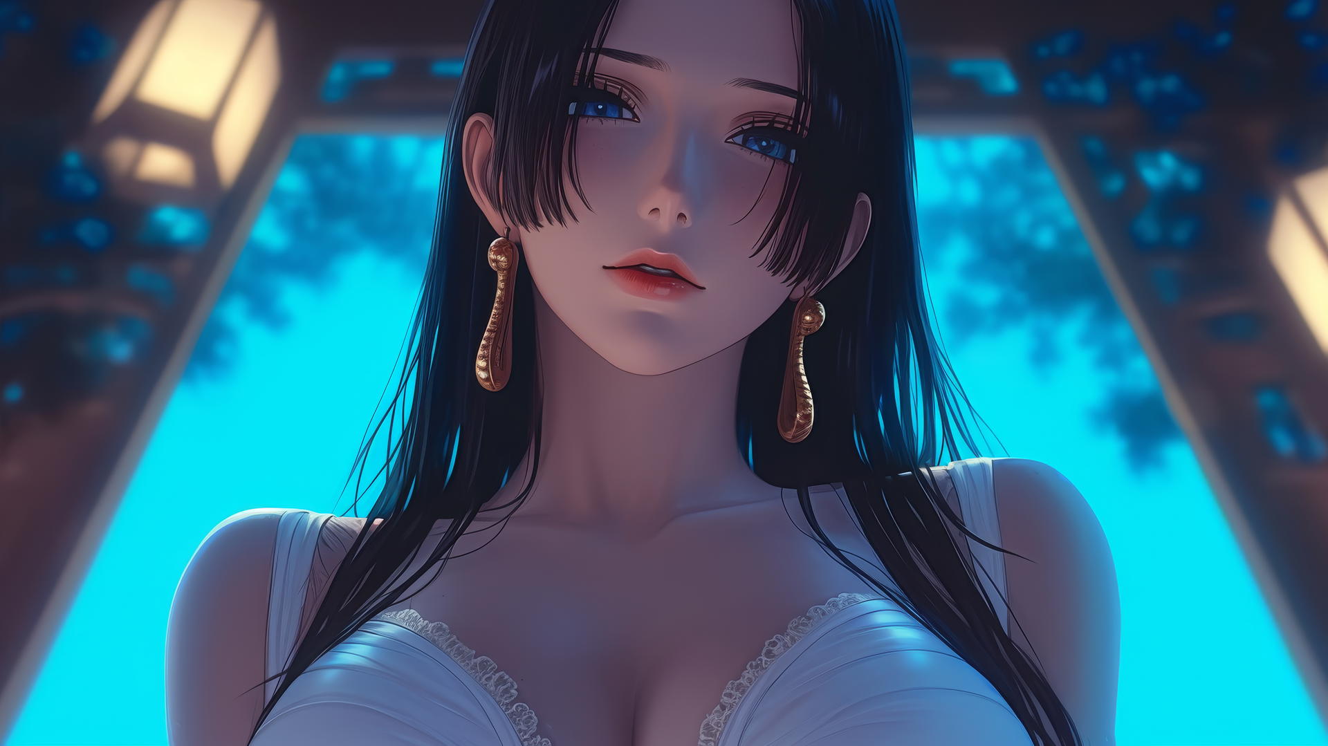 Boa Hancock from One Piece leaning forward, looking down with neon ceiling lights casting a soft glow.