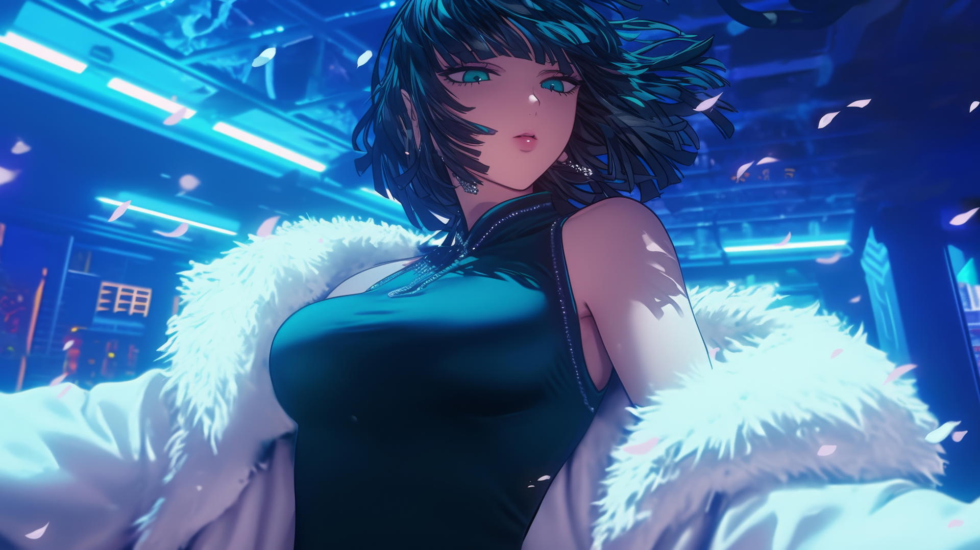 Fubuki from One Punch Man kneeling with a neon-lit hotel ceiling background