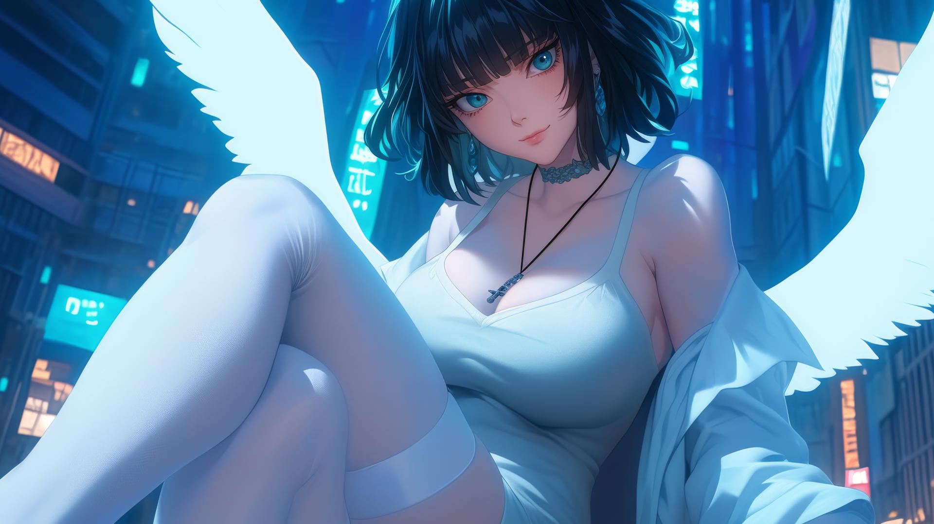 Fubuki from One Punch Man kneeling, leaning, with hands across shoulders, neon-lit hotel ceiling background