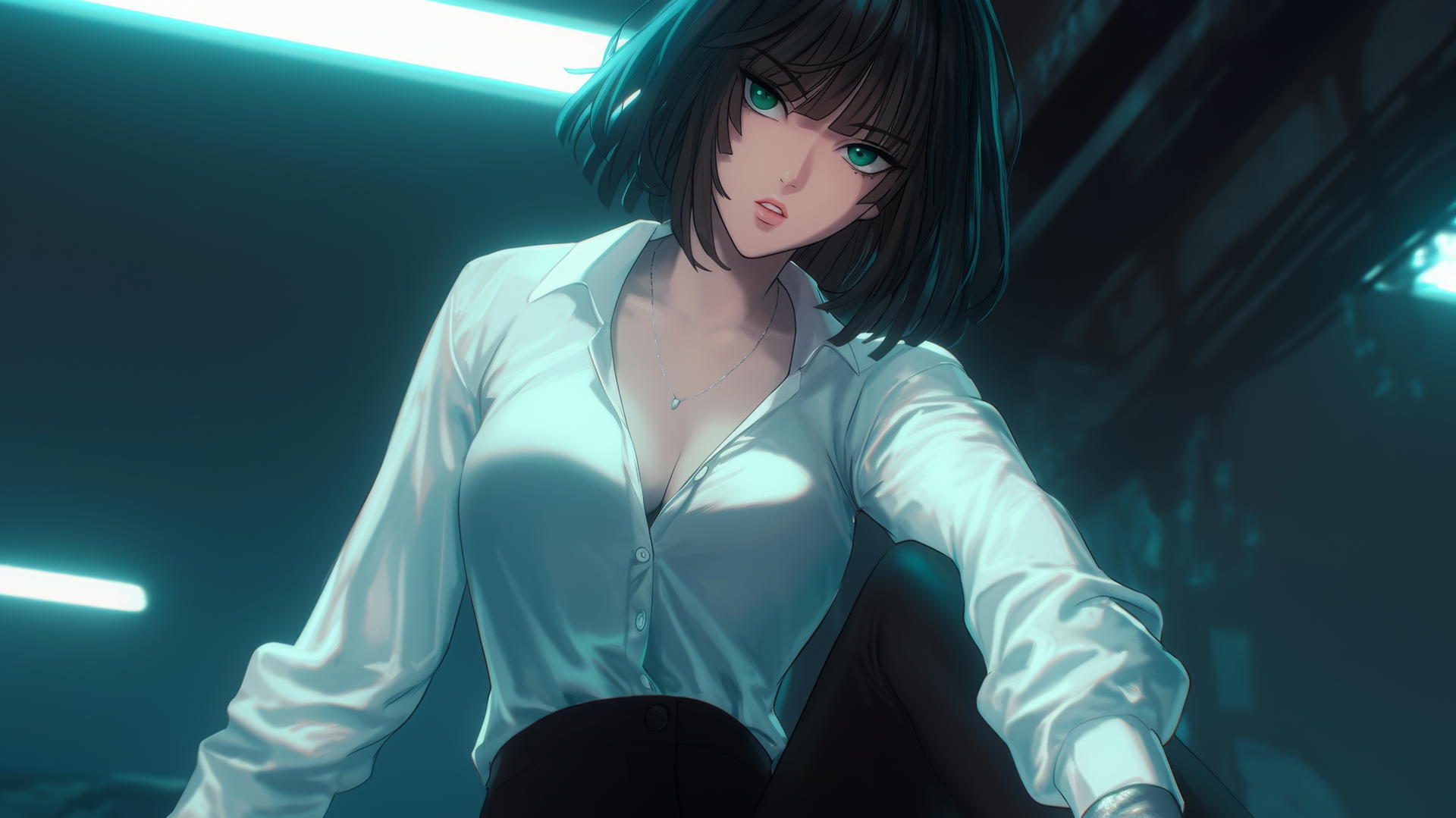 Fubuki from One Punch Man seen from below in white office shirt with hotel ceiling background, neon lights casting glow