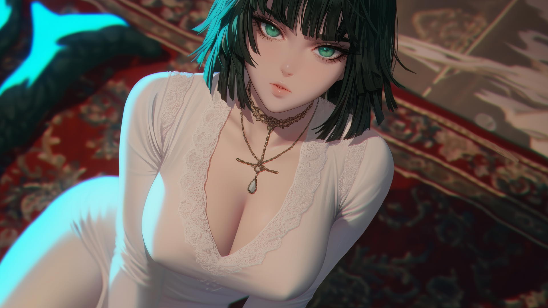 Fubuki from One Punch Man kneeling and looking up, under neon light