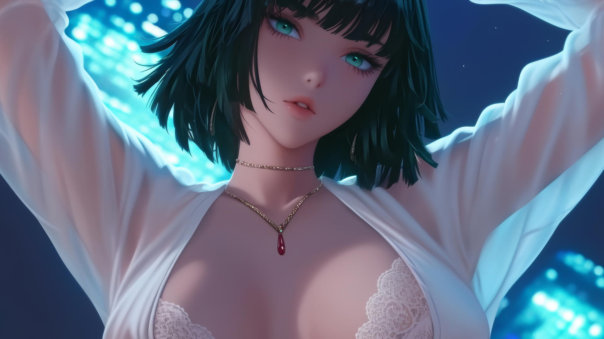 Fubuki from One Punch Man, seen from below, in a white outfit with neon light glow, dark green bobbed hair, and light green eyes, leaning and kneeling toward viewer.