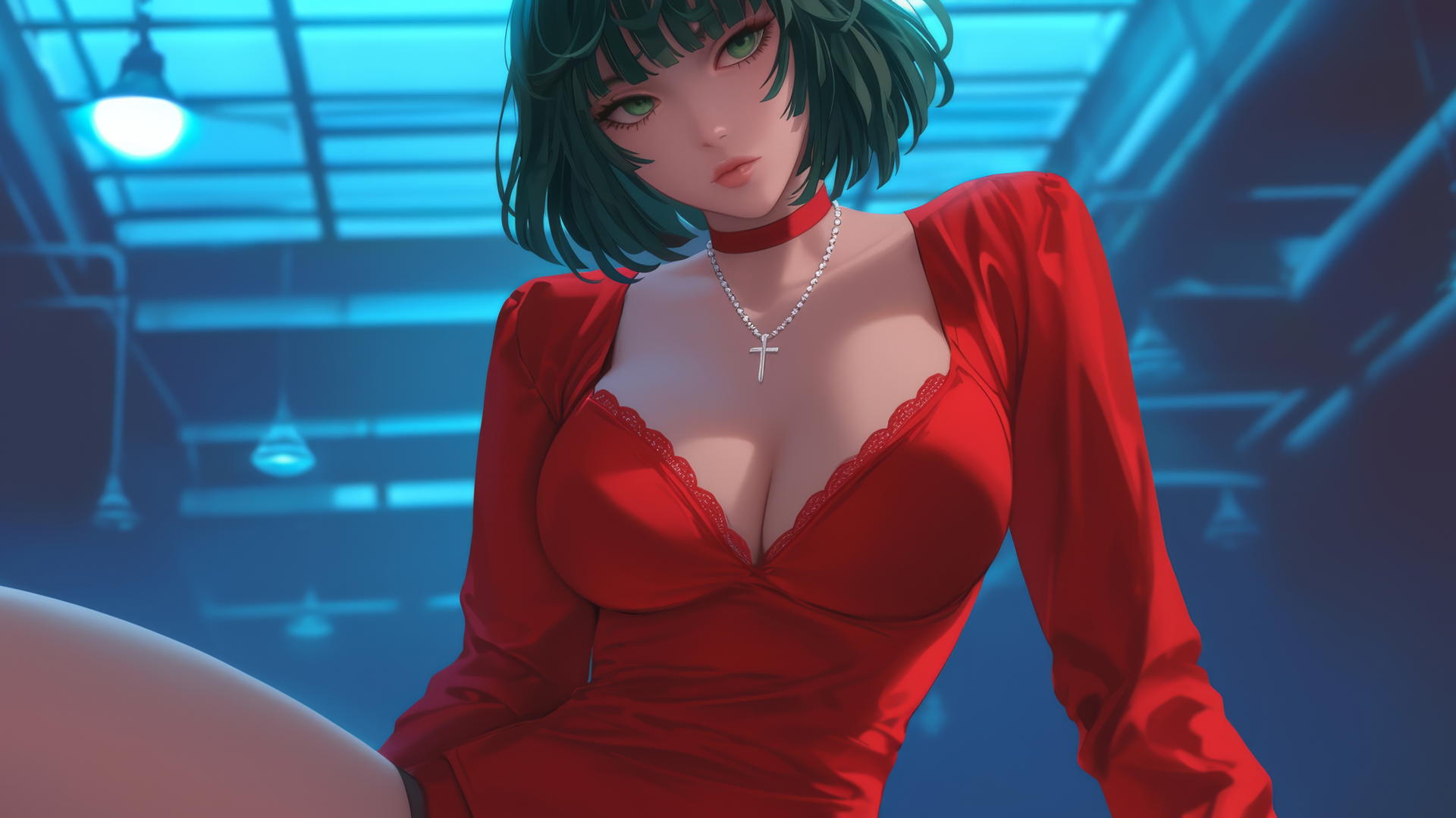 Fubuki from One Punch Man seen from below, wearing red with hotel ceiling background.