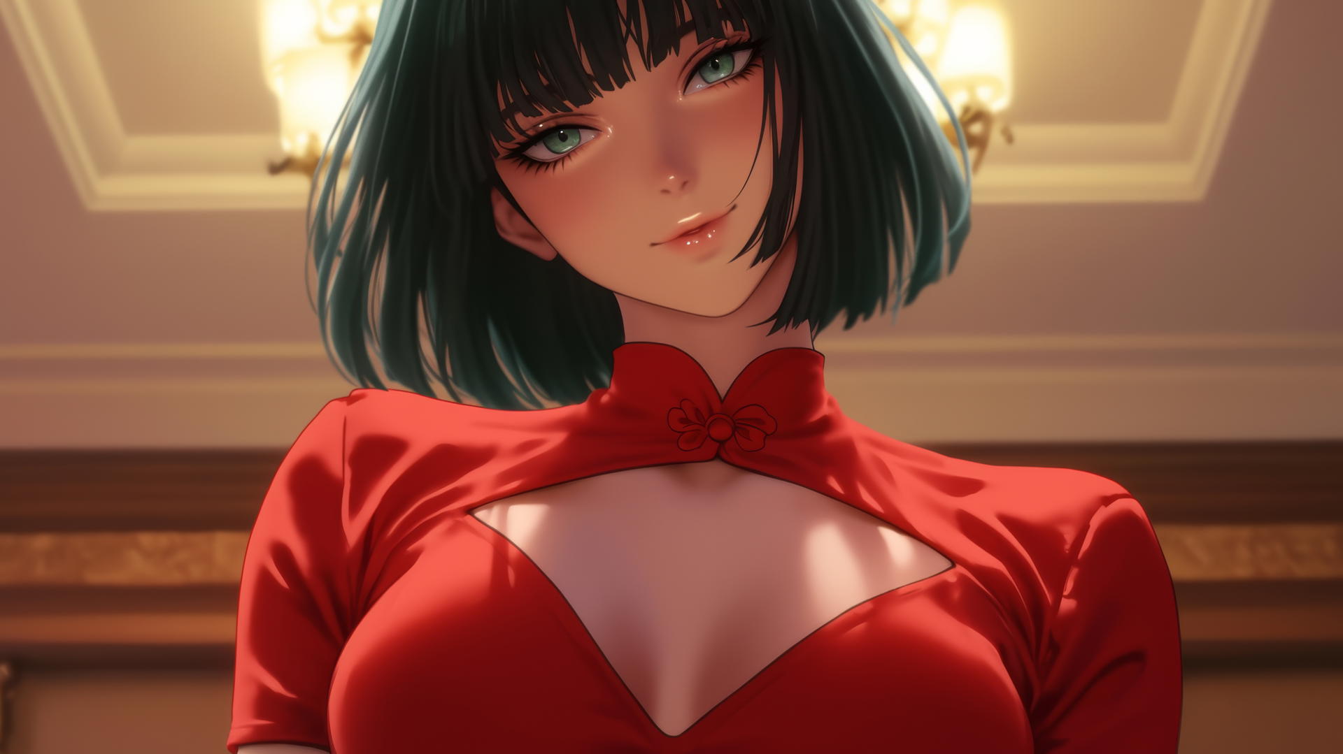 Fubuki from One Punch Man in red, seen from below with neon-lit hotel ceiling.
