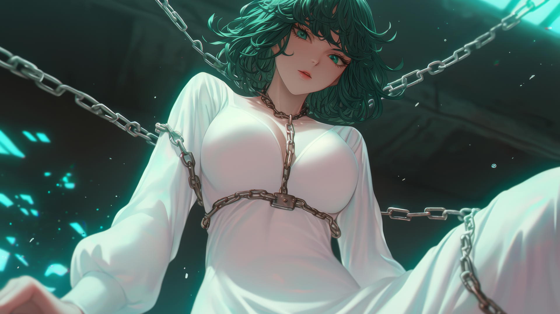 Fubuki from One Punch Man with dark green bob, kneeling and looking down, chained, in neon-lit hotel