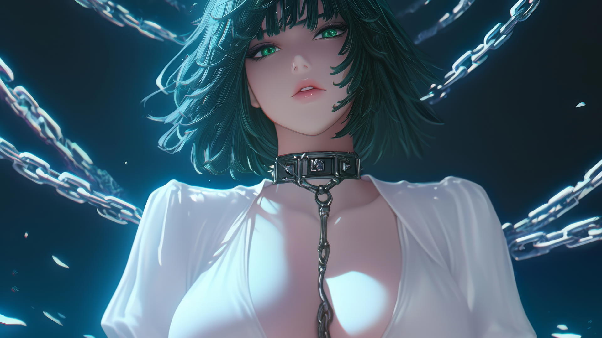 Fubuki from One Punch Man, seen from below, locked in chains, neon ceiling lights.