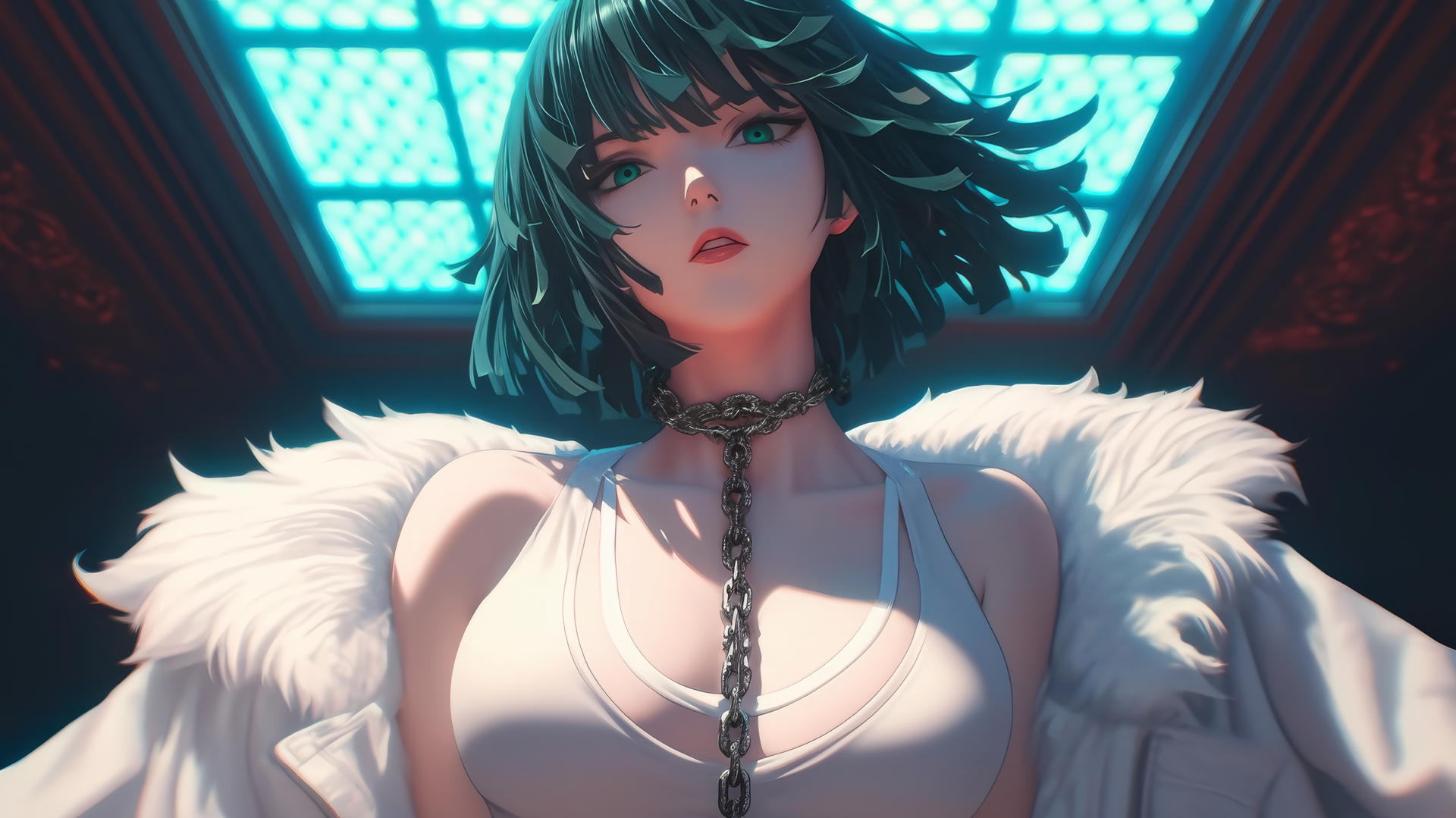 Fubuki from One Punch Man leaning down, locked in chains, neon-lit hotel ceiling.