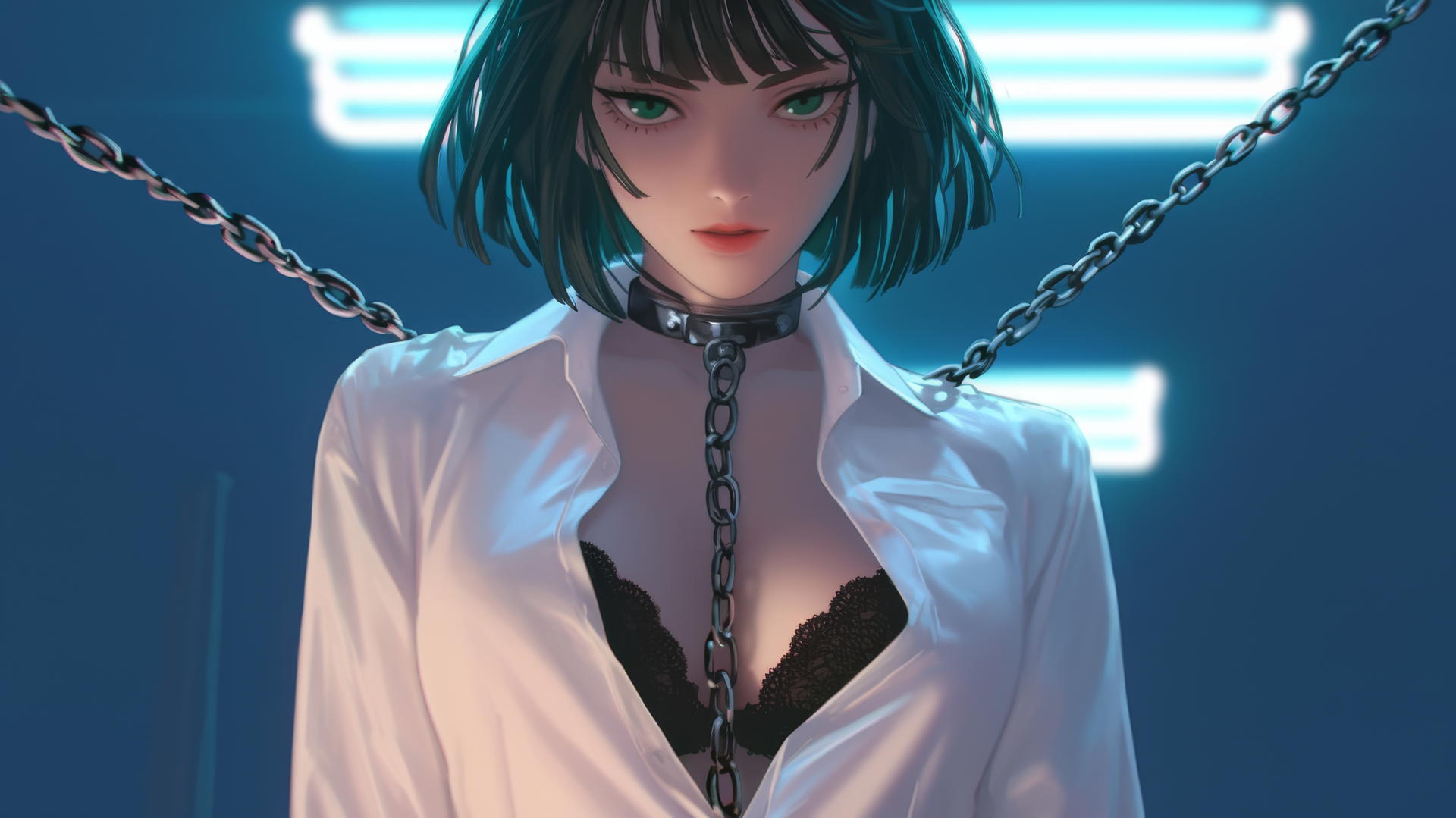Fubuki from One Punch Man, in white office shirt, kneeling, dark green hair, chains