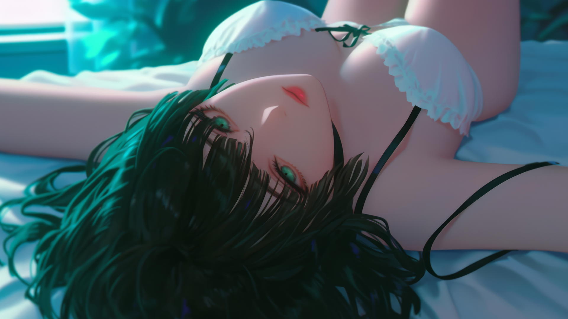 Fubuki from One Punch Man, upside down on bed, dark green bob, light green eyes.