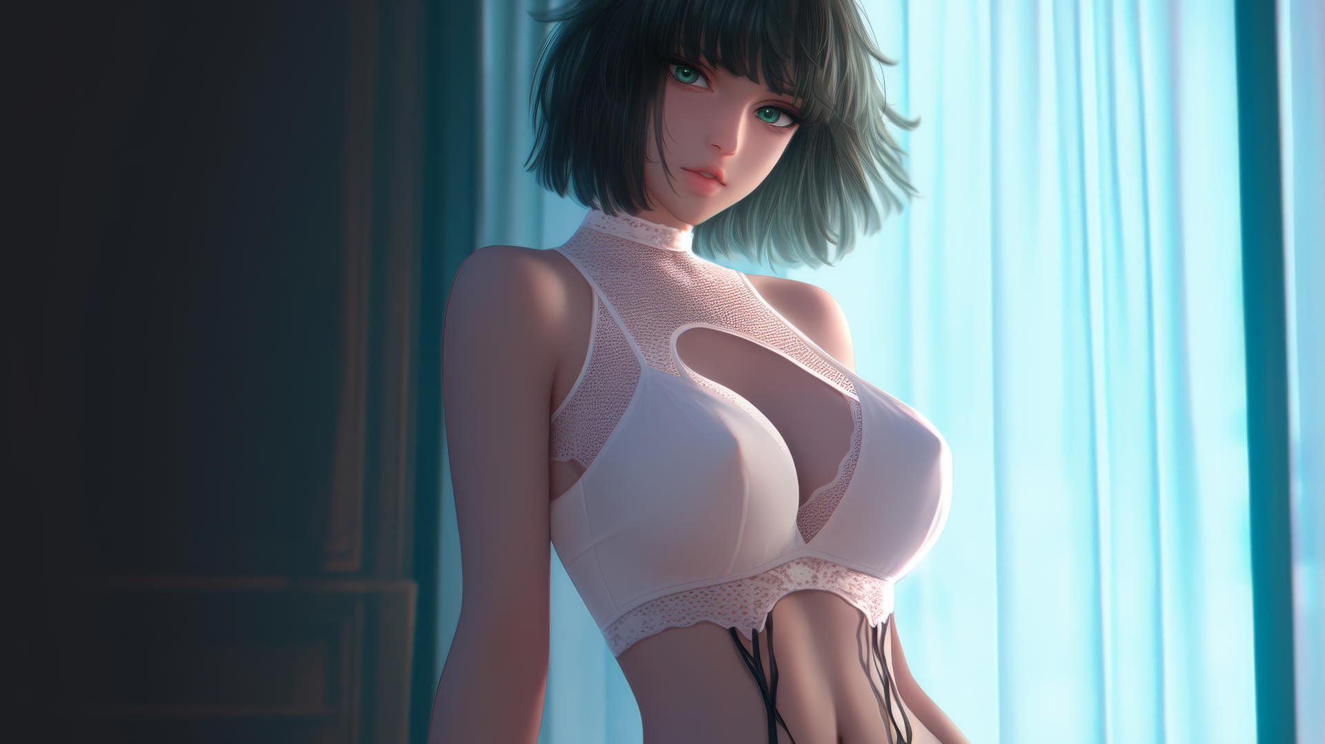 Fubuki from One Punch Man, dark green bob, light green eyes, white attire, neon hotel glow