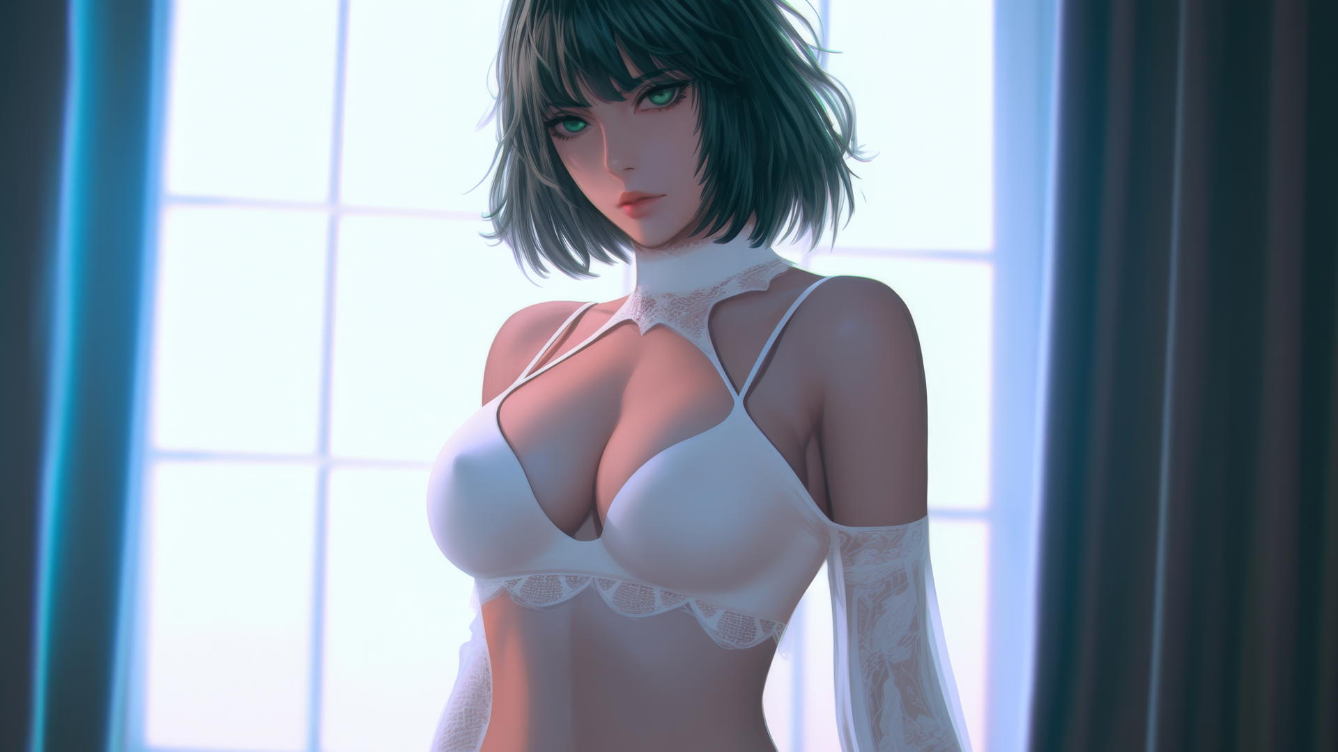 Fubuki from One Punch Man facing camera in white outfit, dark green bob hair, light green eyes, neon-lit modern hotel room.