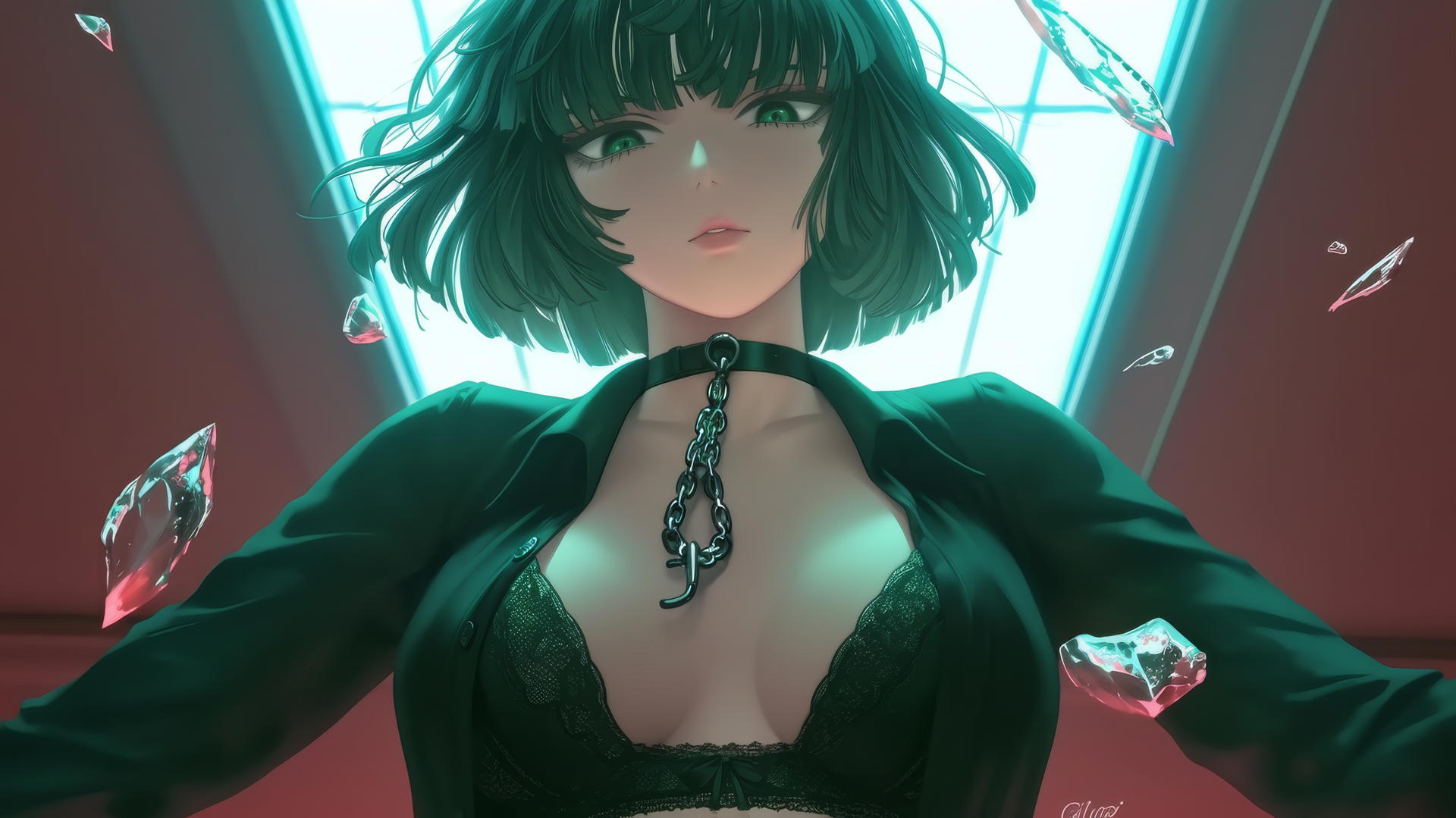 Fubuki from One Punch Man kneeling with chains, neon-lit hotel ceiling background, dark green bob, light green eyes.