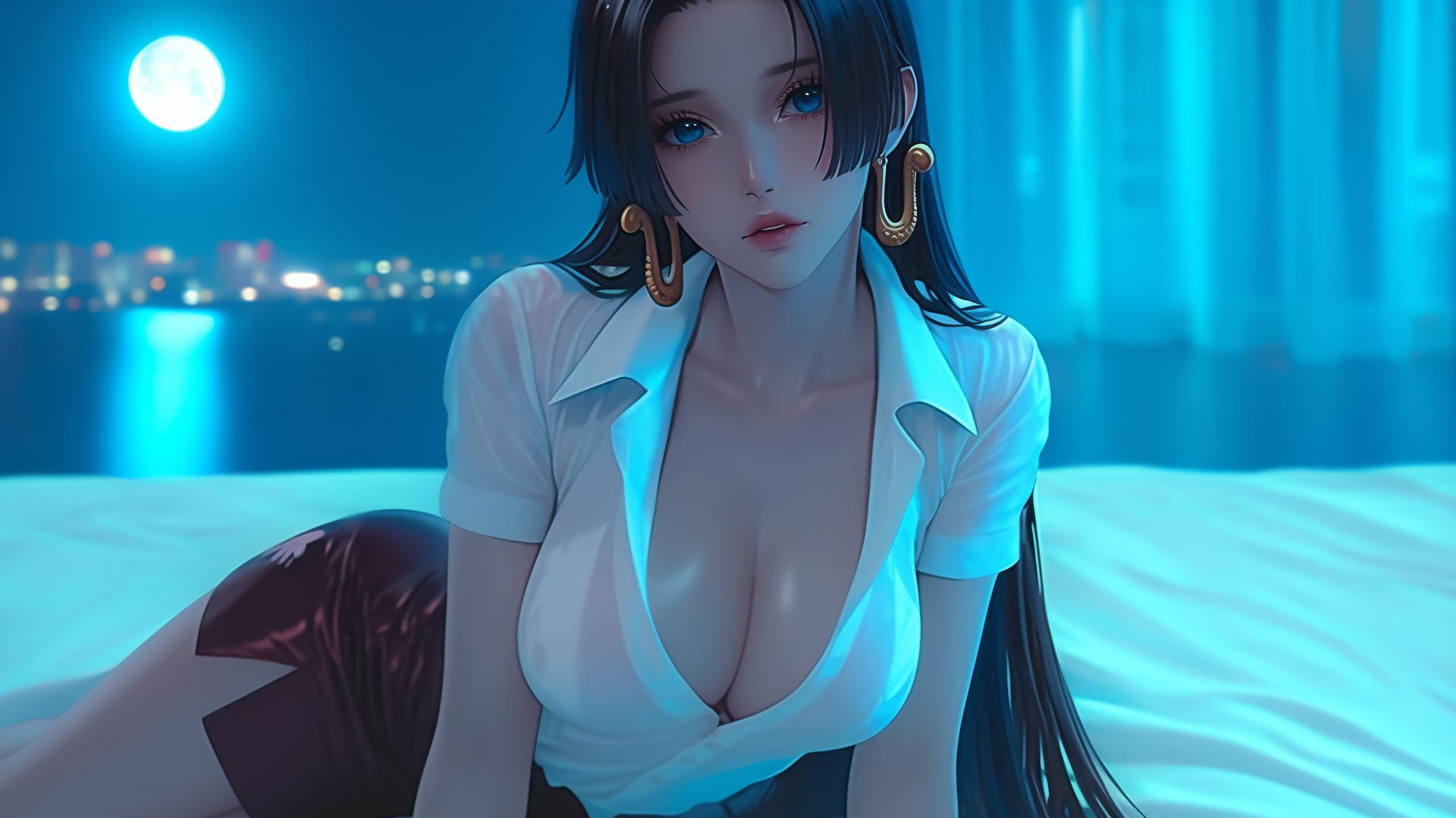 Boa Hancock from One Piece resting in modern hotel room with moonlight glow