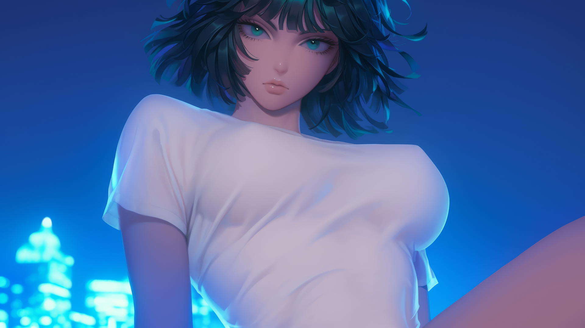 Fubuki from One Punch Man seen from below, kneeling, with neon light casting a glow.