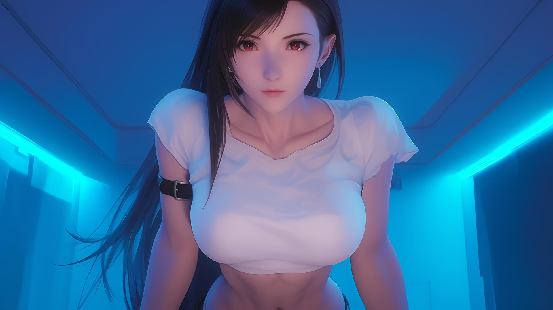 Tifa Lockhart in a broken white t-shirt, kneeling and looking down under neon hotel lights.
