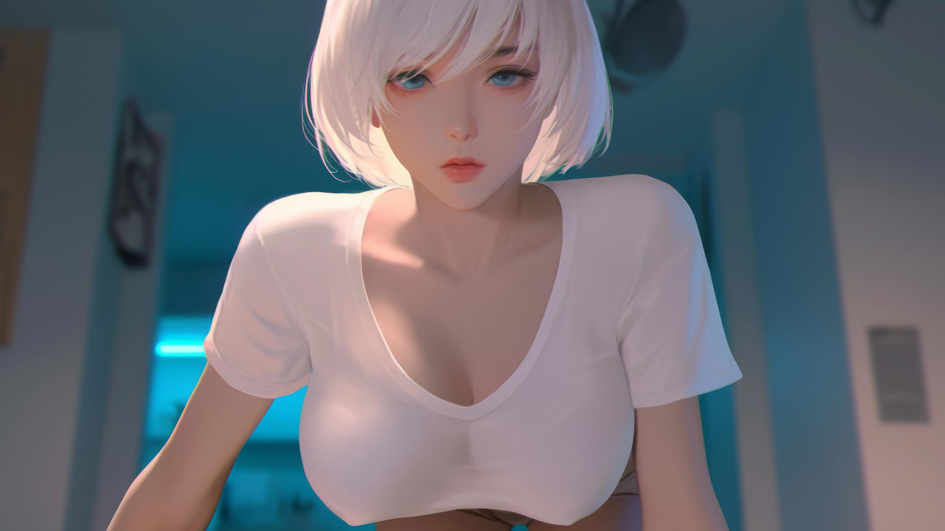 2B from Nier wearing a broken white t-shirt, viewed from below with a hotel ceiling and neon lights in the background.