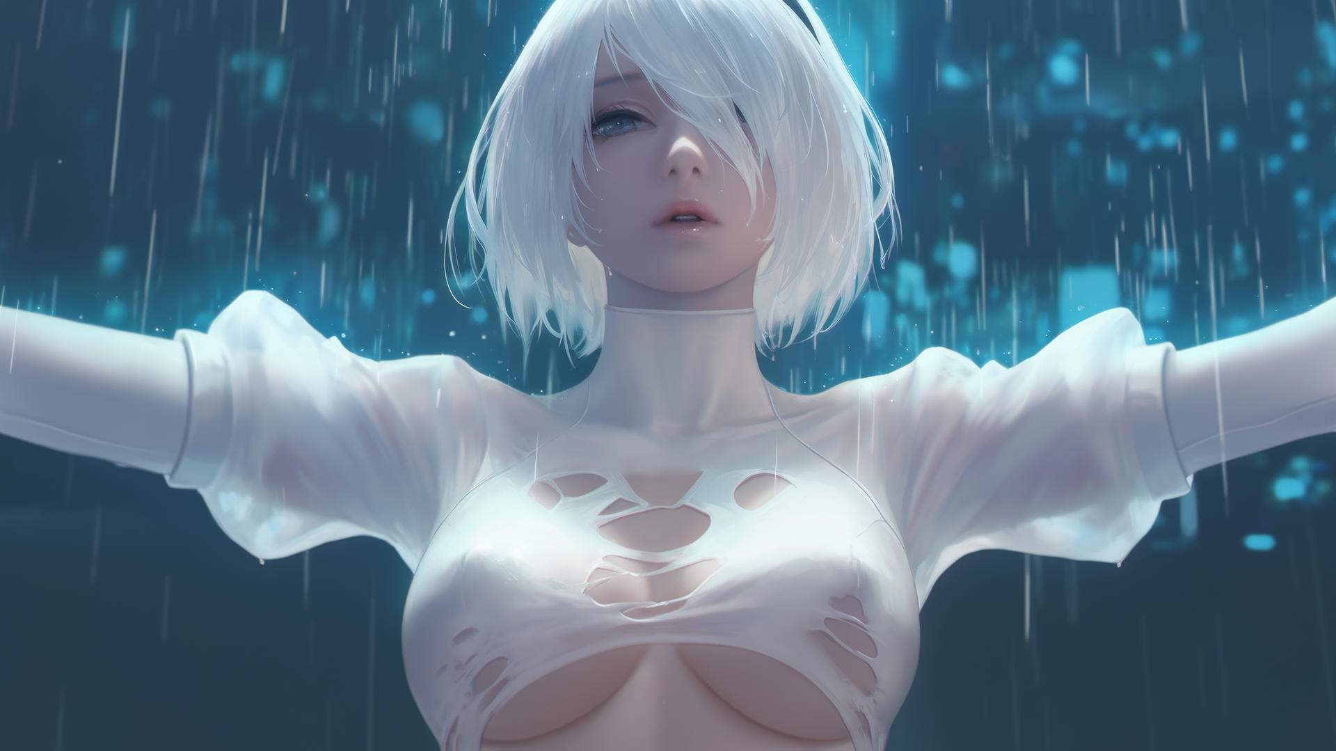 2B from Nier kneeling, wearing a broken white t-shirt, illuminated by neon light and a hotel ceiling as background.