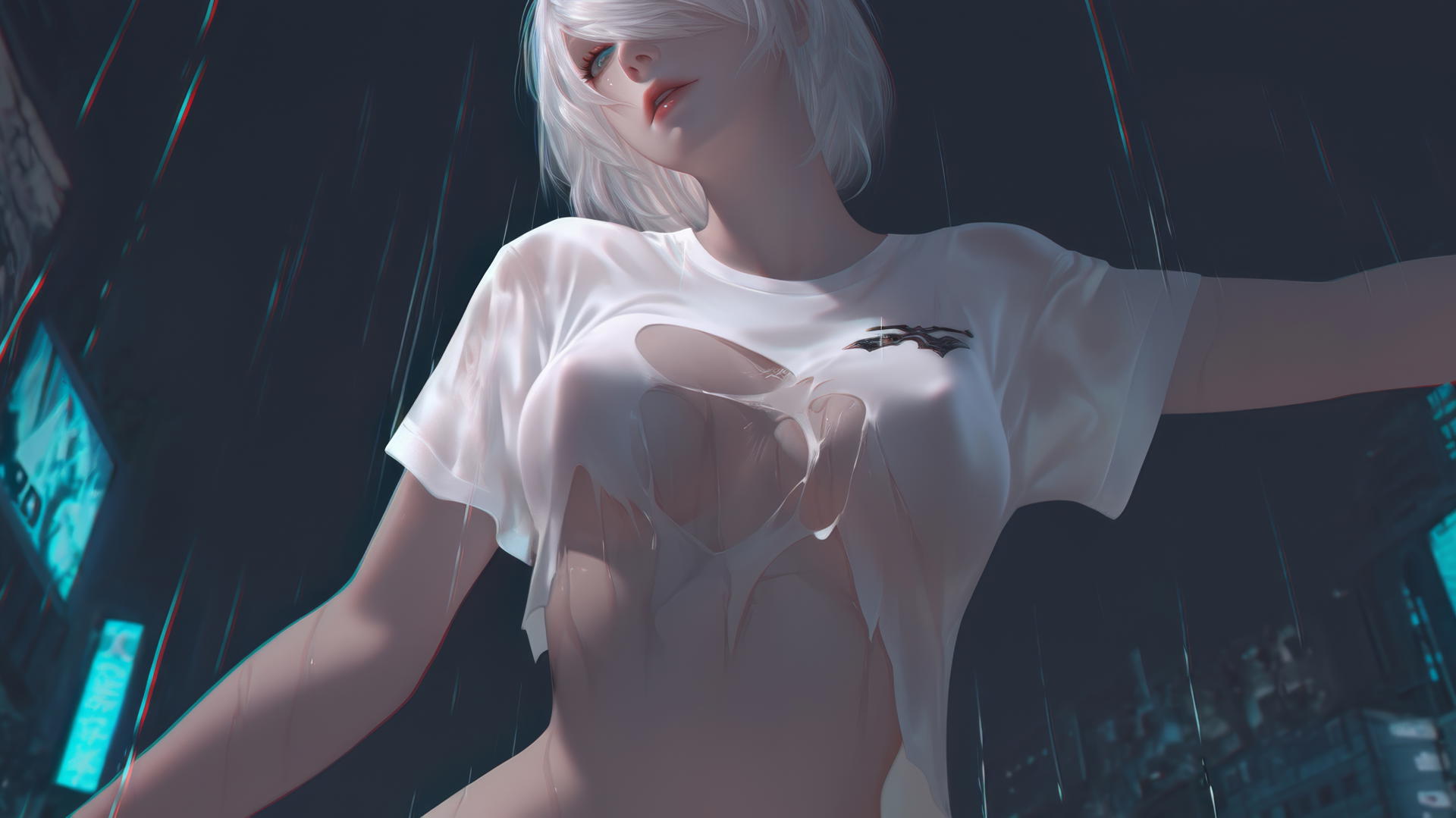2B from Nier in a broken white T-shirt, kneeling, with neon-lit hotel ceiling above.