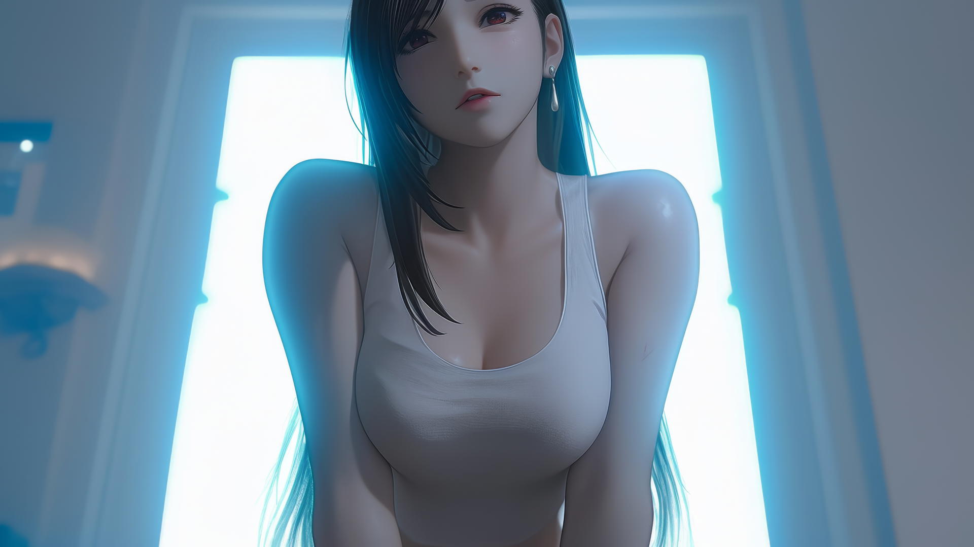 Tifa Lockhart in broken white t-shirt under neon-lit hotel ceiling, leaning down.