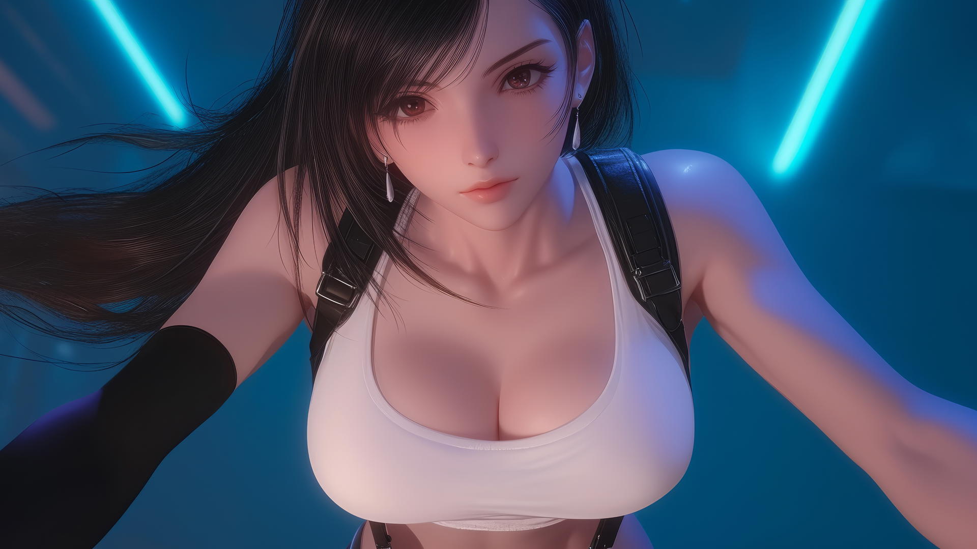 Tifa Lockhart from Final Fantasy kneeling and leaning, under hotel ceiling with neon light.