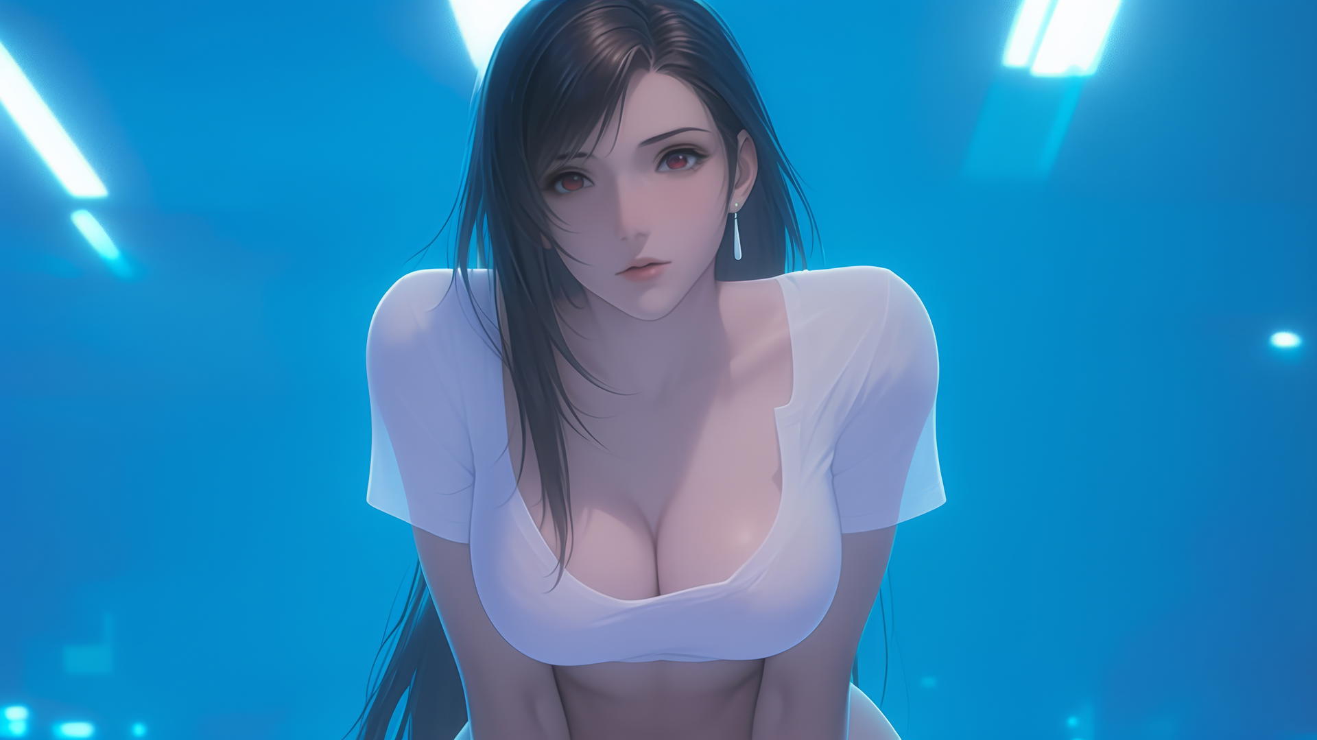 Tifa Lockhart, in a broken white t-shirt, kneeling under hotel ceiling with neon lights