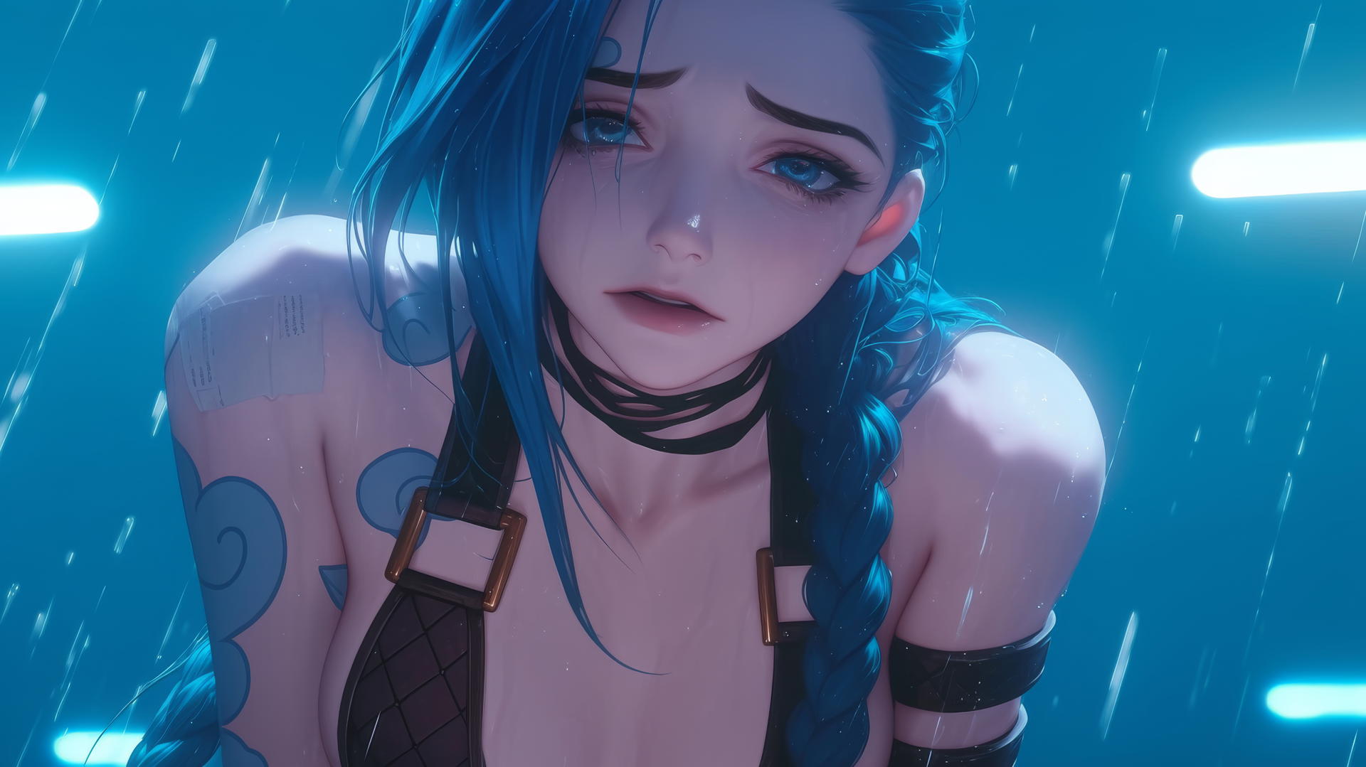 Jinx from League of Legends in a broken white T-shirt, leaning down under a hotel ceiling with neon lights.