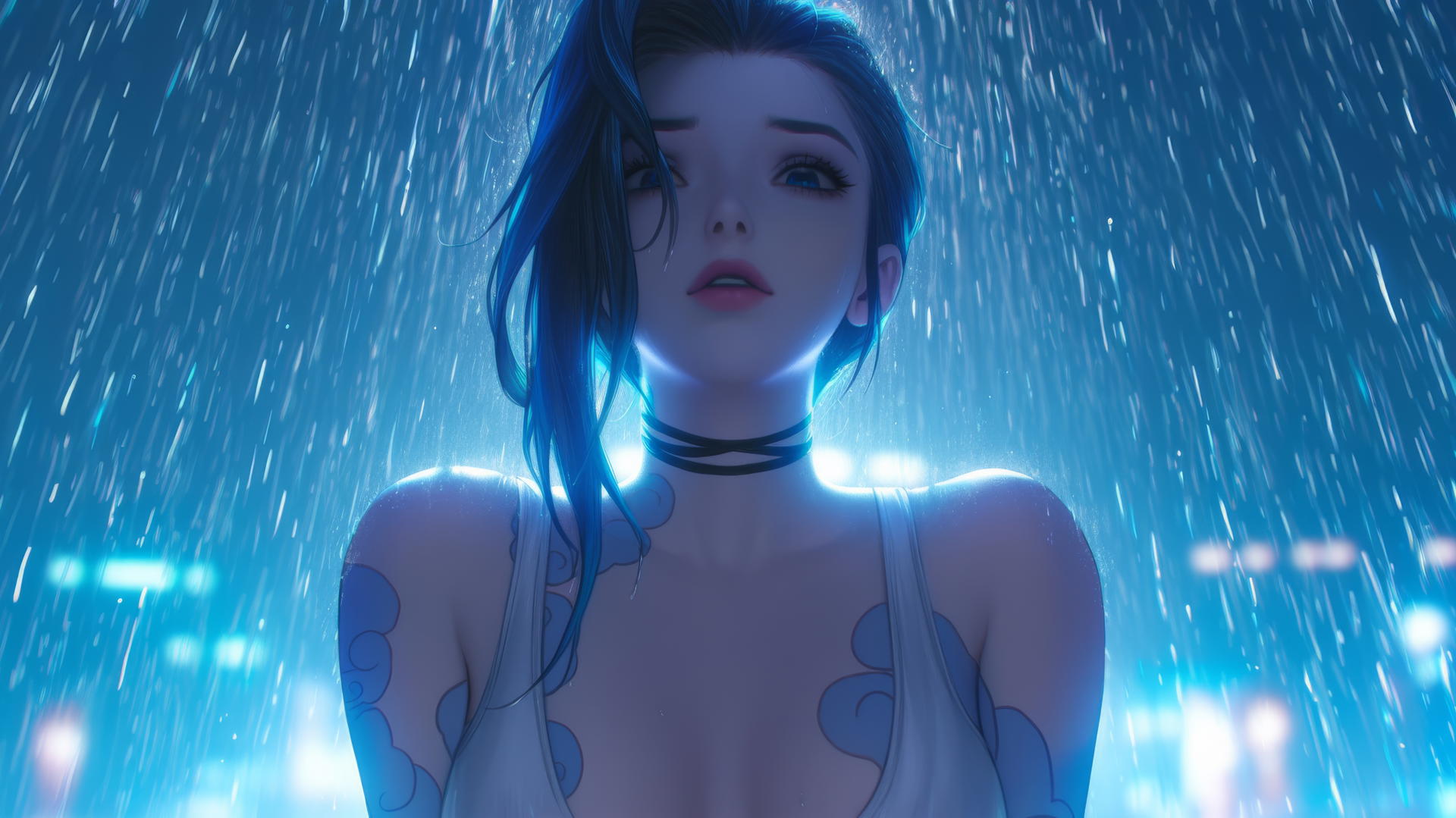 Jinx from League of Legends kneeling and leaning forward in a rainy, neon-lit hotel ceiling room.
